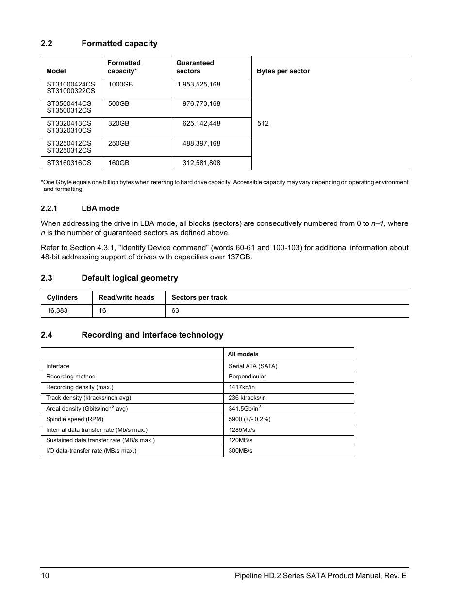 2 formatted capacity, 1 lba mode, 3 default logical geometry | 4 recording and interface technology, Formatted capacity 2.2.1, Lba mode, Default logical geometry, Recording and interface technology | Seagate ST3500312CS User Manual | Page 18 / 50