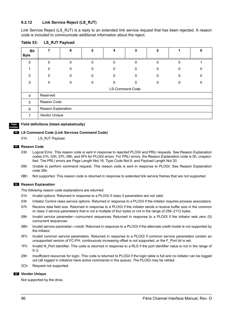 12 link service reject (ls_rjt), Link service reject (ls_rjt) | Seagate Fibre Channel Interface User Manual | Page 110 / 432