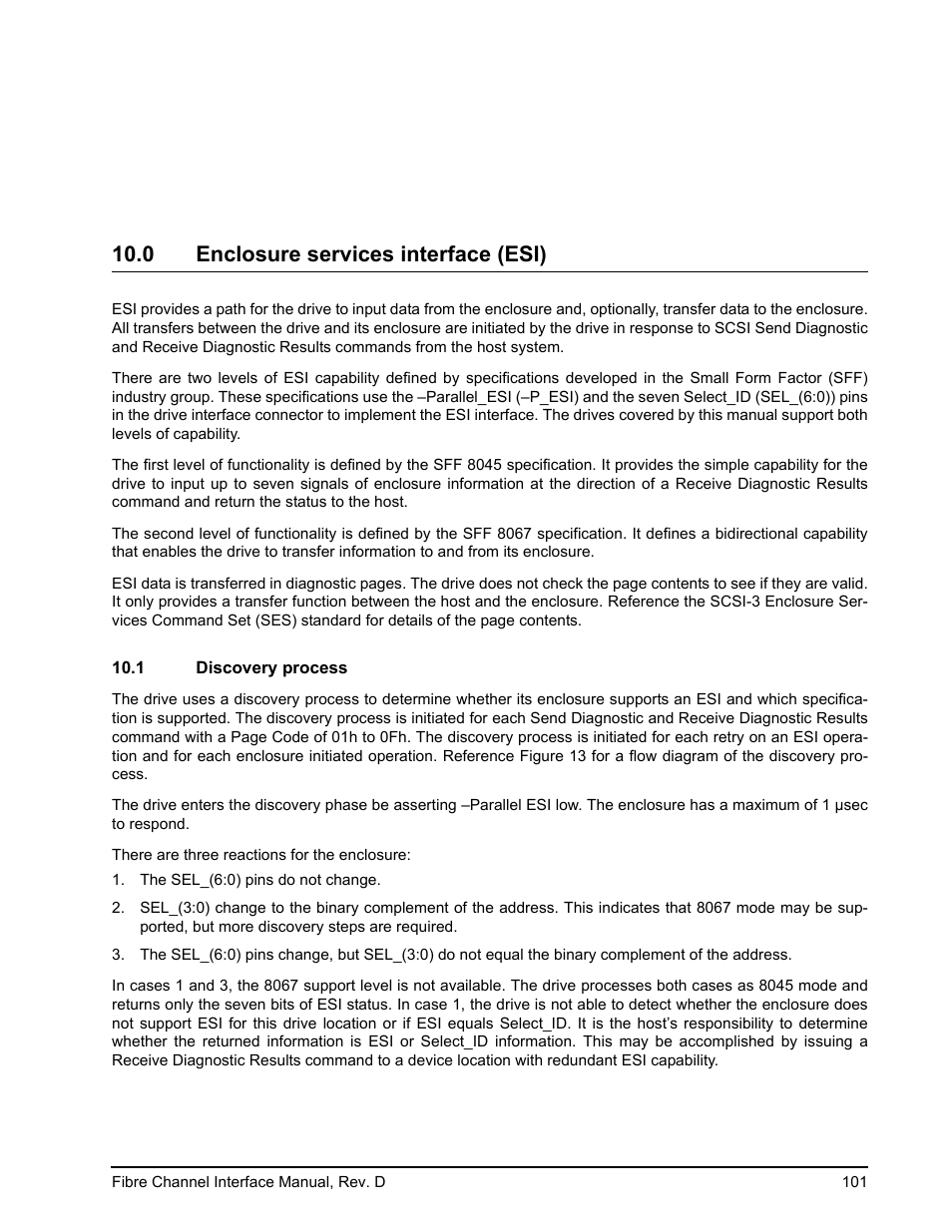 0 enclosure services interface (esi), 1 discovery process, Enclosure services interface (esi) | Discovery process, R to section 10.0 | Seagate Fibre Channel Interface User Manual | Page 115 / 432
