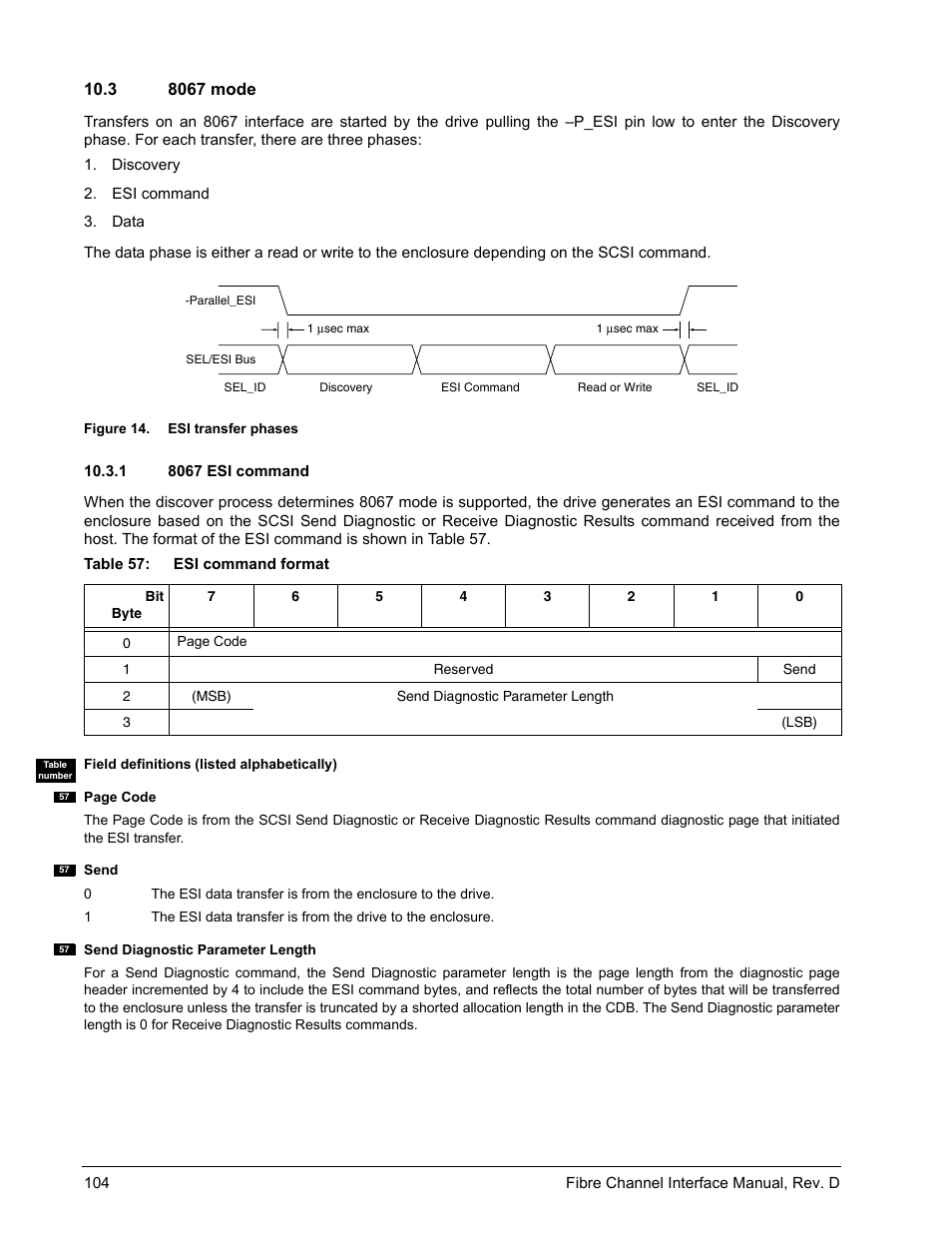 3 8067 mode, 1 8067 esi command, 8067 mode 10.3.1 | 8067 esi command, Figure 14, Esi transfer phases | Seagate Fibre Channel Interface User Manual | Page 118 / 432
