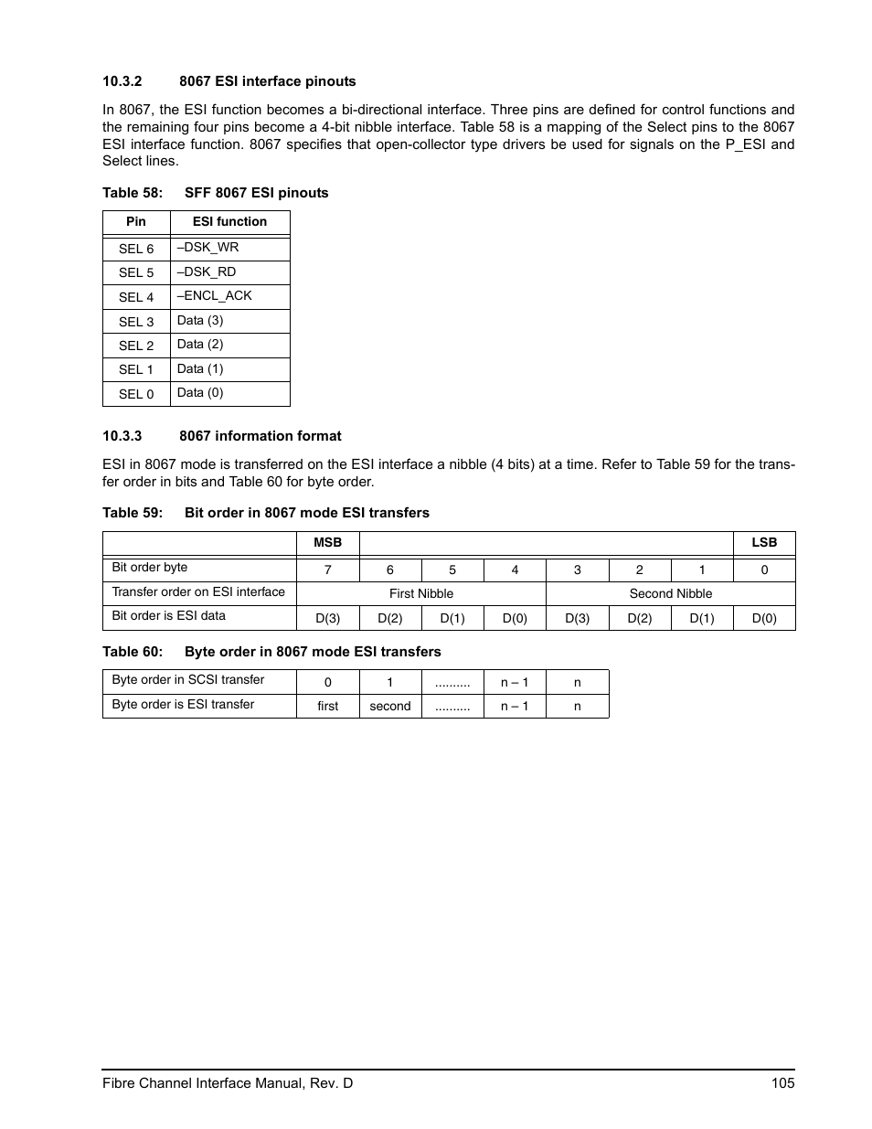 2 8067 esi interface pinouts, 3 8067 information format, 8067 esi interface pinouts | 8067 information format | Seagate Fibre Channel Interface User Manual | Page 119 / 432