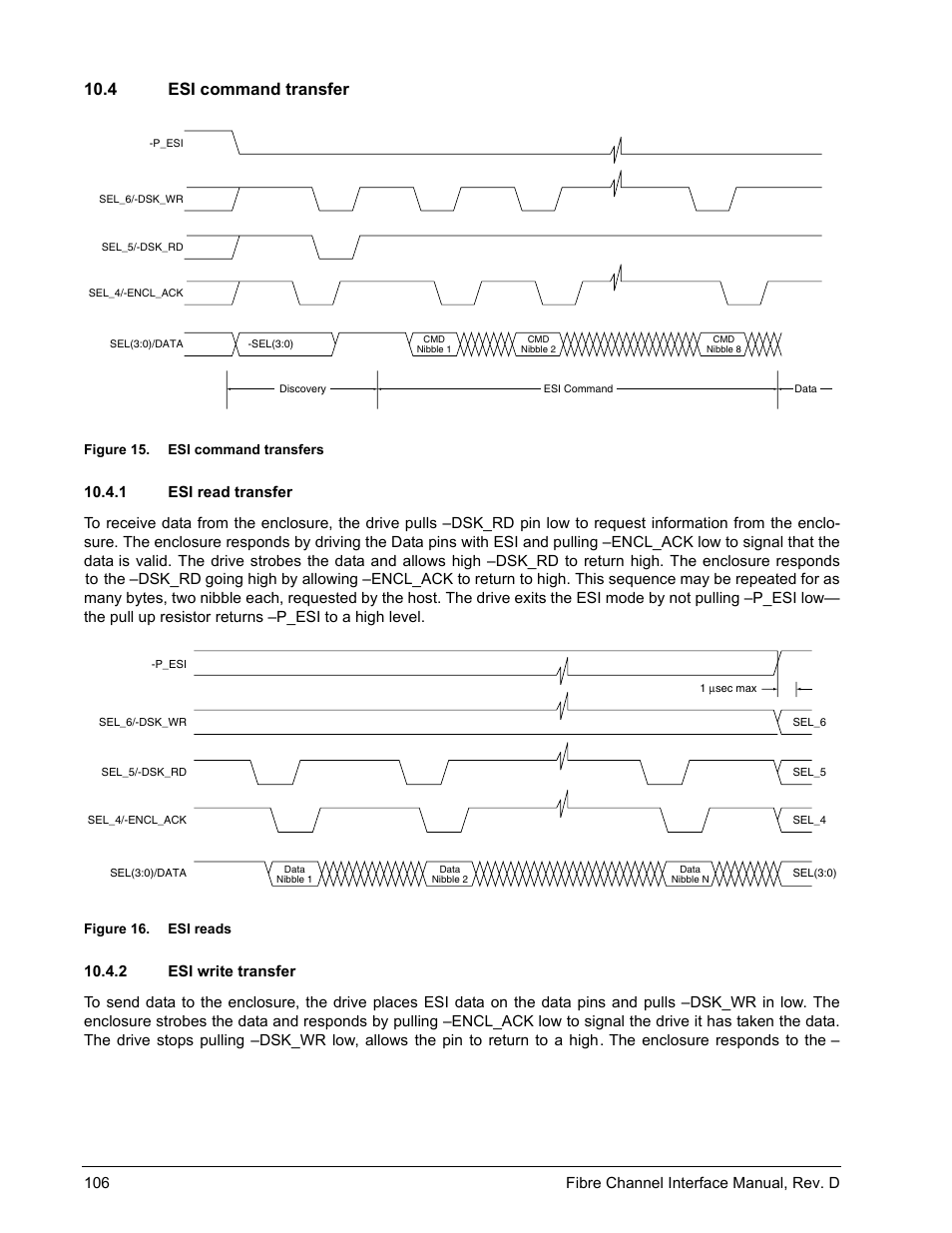 4 esi command transfer, 1 esi read transfer, 2 esi write transfer | Esi command transfer, Esi read transfer, Esi write transfer, Figure 15, Esi command transfers, Figure 16, Esi reads | Seagate Fibre Channel Interface User Manual | Page 120 / 432