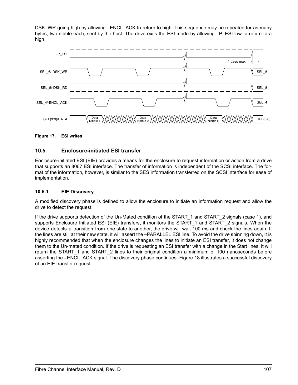 5 enclosure-initiated esi transfer, 1 eie discovery, Enclosure-initiated esi transfer 10.5.1 | Eie discovery, Figure 17, Esi writes, To section 10.5 | Seagate Fibre Channel Interface User Manual | Page 121 / 432