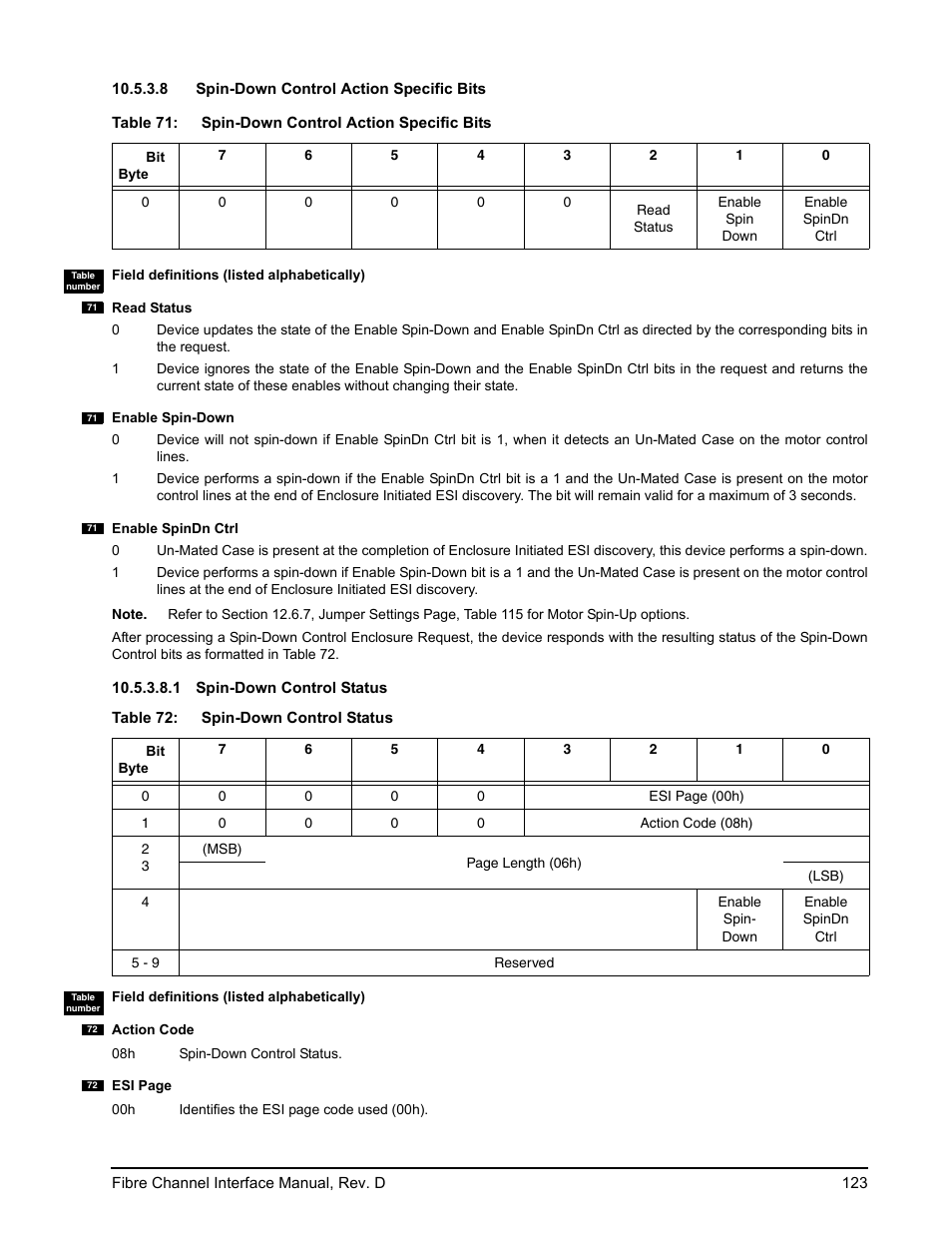 8 spin-down control action specific bits, 1 spin-down control status, Spin-down control action specific bits | Section 10.5.3.8), E 71 | Seagate Fibre Channel Interface User Manual | Page 137 / 432
