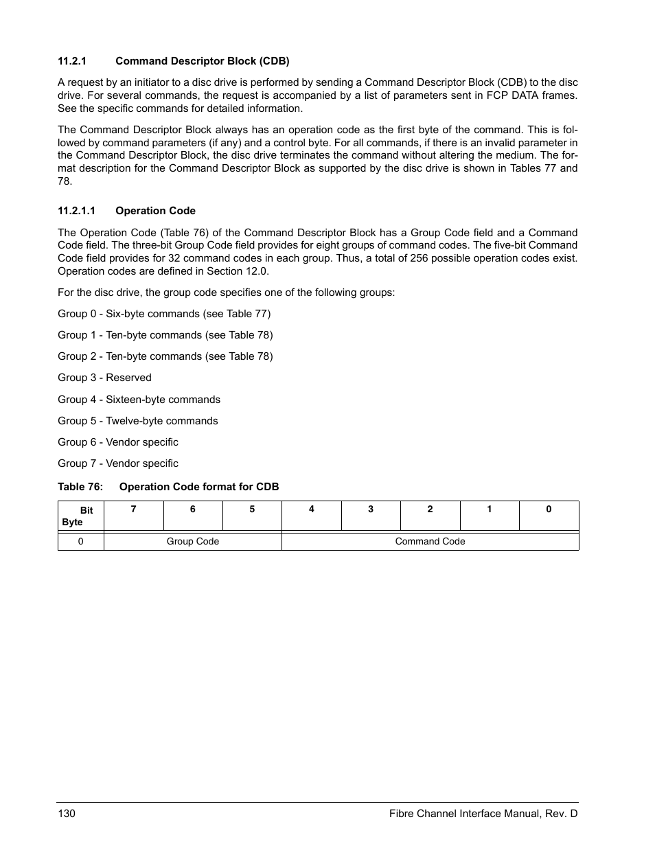 1 command descriptor block (cdb), 1 operation code, Command descriptor block (cdb) 11.2.1.1 | Operation code | Seagate Fibre Channel Interface User Manual | Page 144 / 432