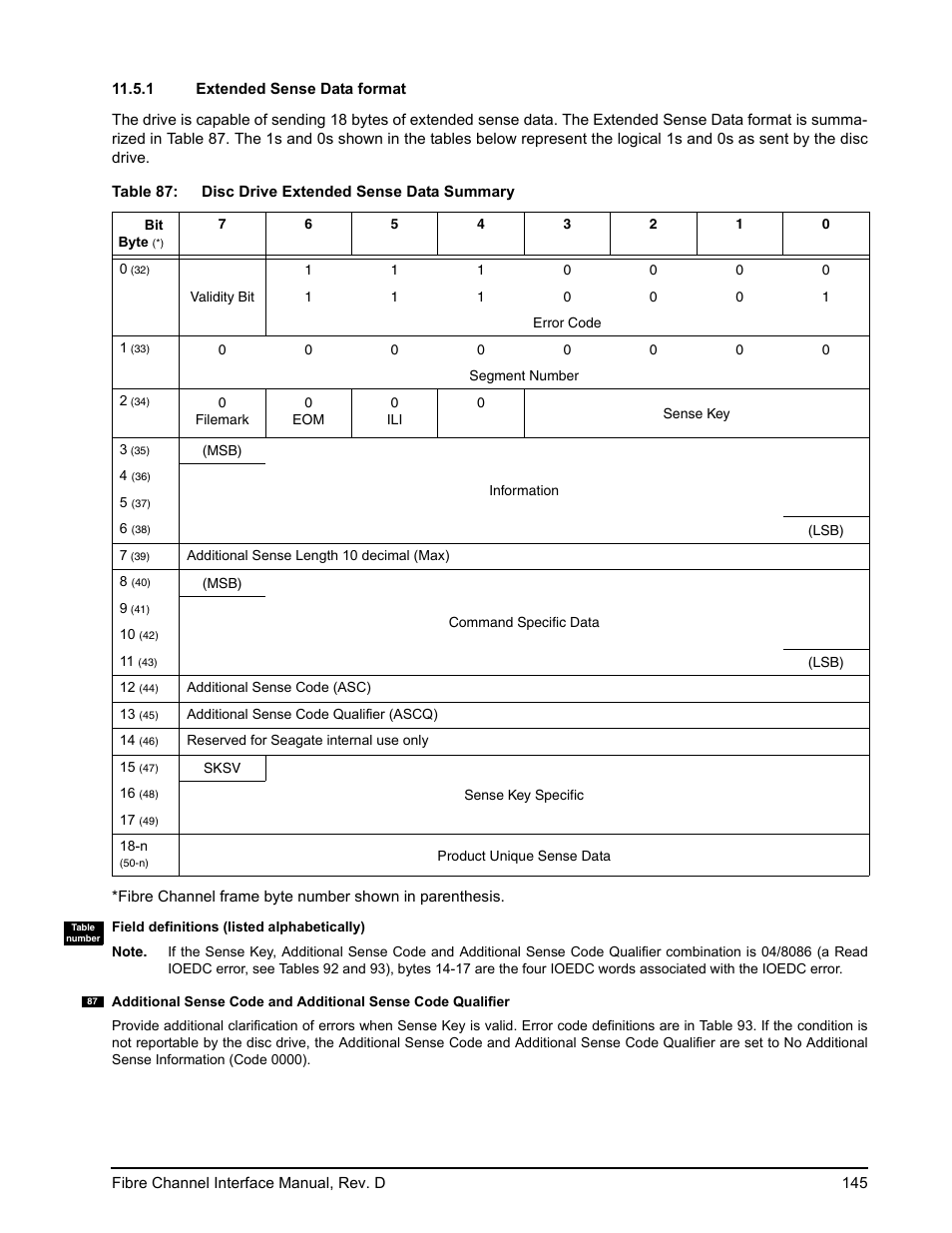 1 extended sense data format, Extended sense data format | Seagate Fibre Channel Interface User Manual | Page 159 / 432