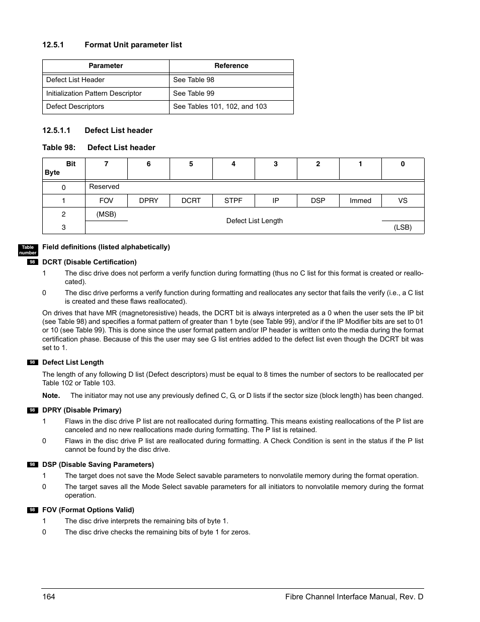1 format unit parameter list, 1 defect list header, Format unit parameter list 12.5.1.1 | Defect list header, E 98), On 12.5.1) is supp, E 98), fo, E 98 cont | Seagate Fibre Channel Interface User Manual | Page 178 / 432