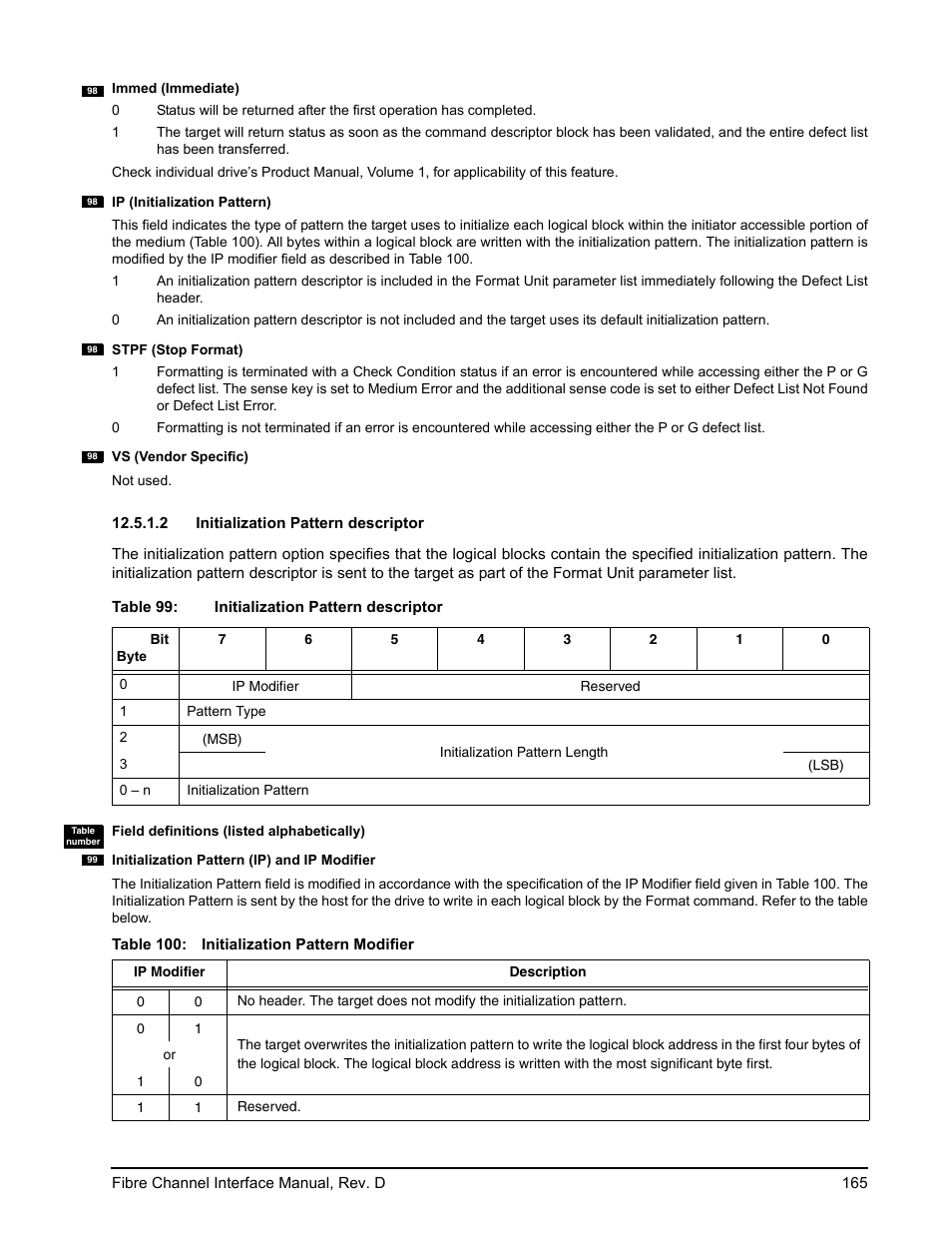 2 initialization pattern descriptor, Initialization pattern descriptor, Le 99 | E 99, Ble 99 | Seagate Fibre Channel Interface User Manual | Page 179 / 432