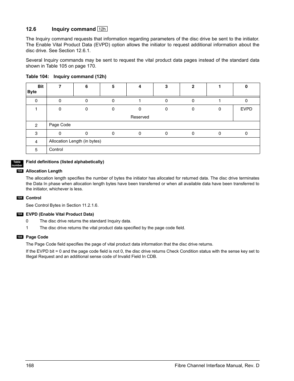6 inquiry command, Inquiry command, To section 12.6 for | Seagate Fibre Channel Interface User Manual | Page 182 / 432