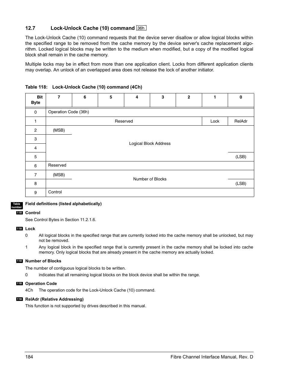 7 lock-unlock cache (10) command, Lock-unlock cache (10) command | Seagate Fibre Channel Interface User Manual | Page 198 / 432