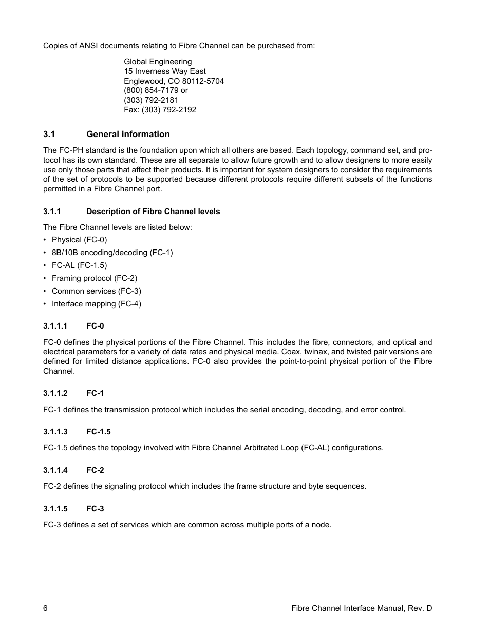 1 general information, 1 description of fibre channel levels, 1 fc-0 | 2 fc-1, 3 fc-1.5, 4 fc-2, 5 fc-3, General information 3.1.1, Description of fibre channel levels 3.1.1.1, Fc-0 | Seagate Fibre Channel Interface User Manual | Page 20 / 432
