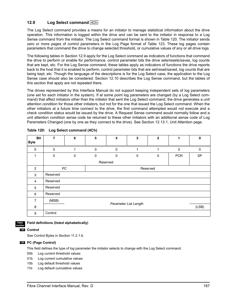 9 log select command, Log select command | Seagate Fibre Channel Interface User Manual | Page 201 / 432