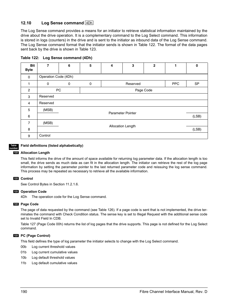 10 log sense command, Log sense command | Seagate Fibre Channel Interface User Manual | Page 204 / 432