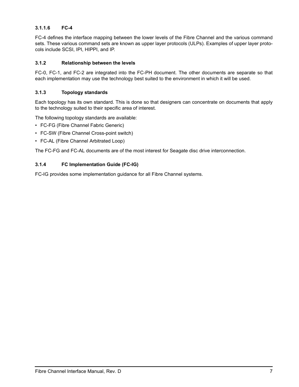 6 fc-4, 2 relationship between the levels, 3 topology standards | 4 fc implementation guide (fc-ig), Fc-4, Relationship between the levels, Topology standards, Fc implementation guide (fc-ig) | Seagate Fibre Channel Interface User Manual | Page 21 / 432