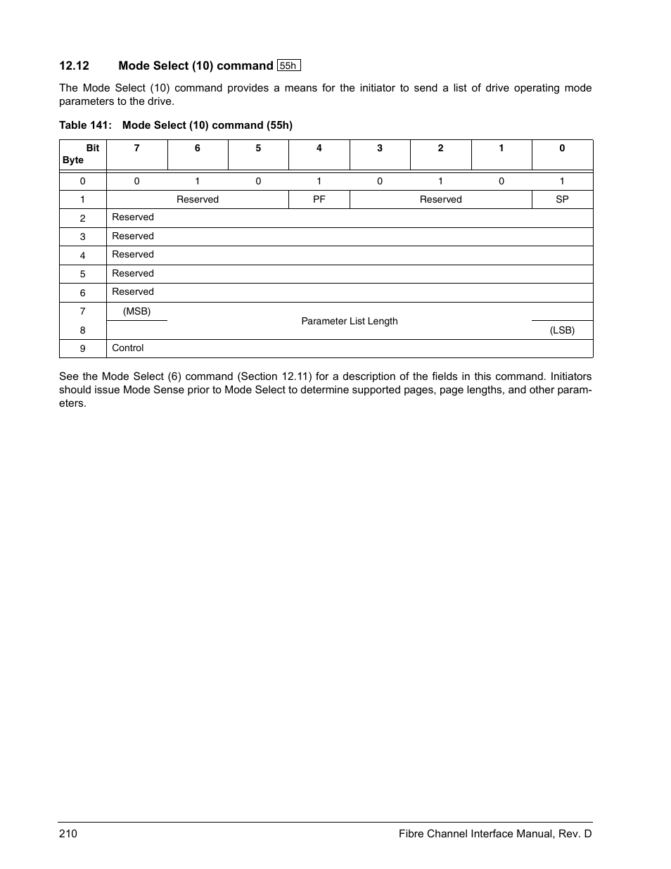 12 mode select (10) command, Mode select (10) command | Seagate Fibre Channel Interface User Manual | Page 224 / 432