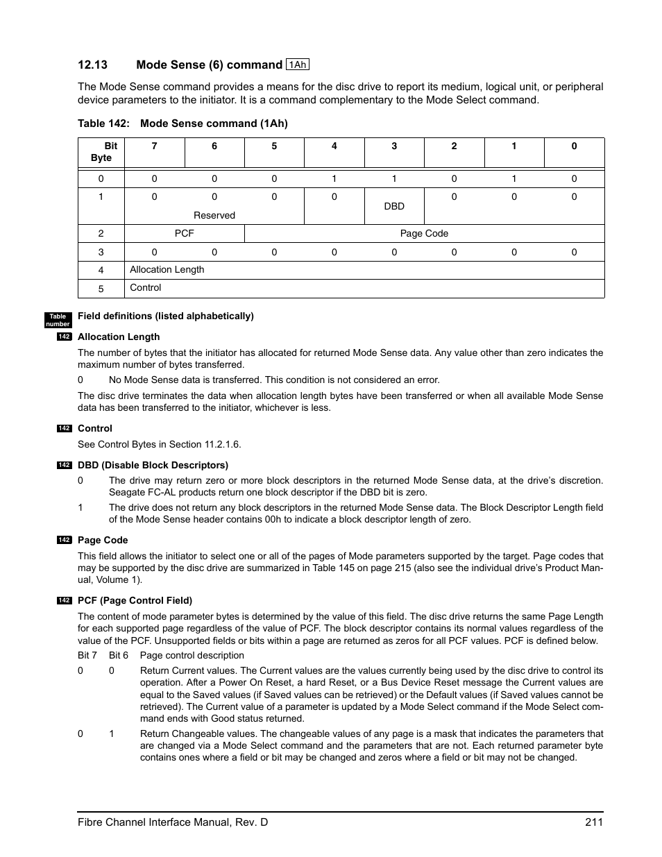 13 mode sense (6) command, Mode sense (6) command, Nd (see section 12.13 | Ection 12.13) | Seagate Fibre Channel Interface User Manual | Page 225 / 432