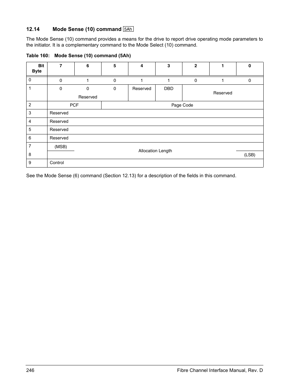 14 mode sense (10) command, Mode sense (10) command | Seagate Fibre Channel Interface User Manual | Page 260 / 432