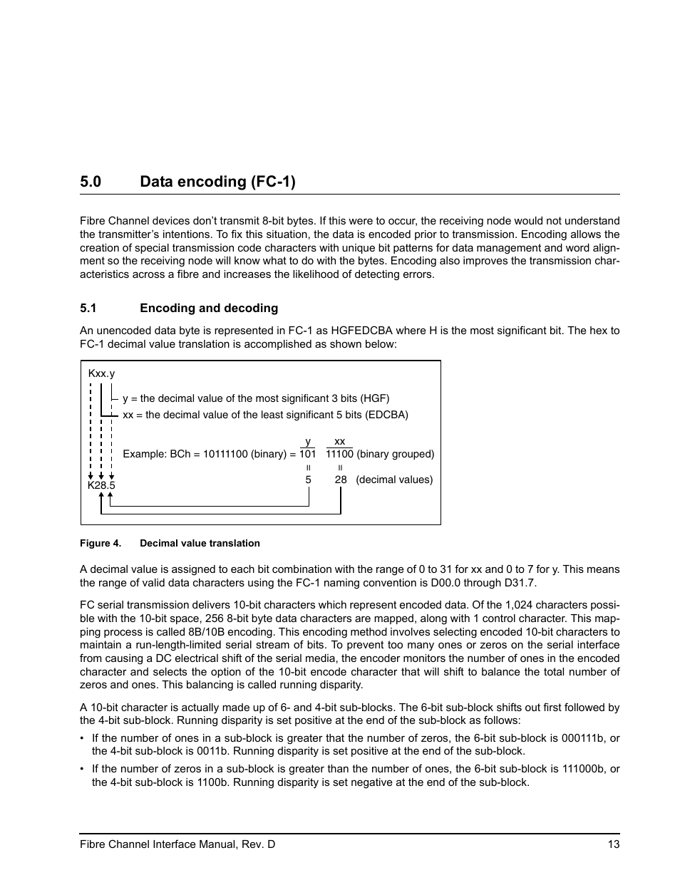0 data encoding (fc-1), 1 encoding and decoding, Data encoding (fc-1) | Encoding and decoding, Figure 4, Decimal value translation | Seagate Fibre Channel Interface User Manual | Page 27 / 432