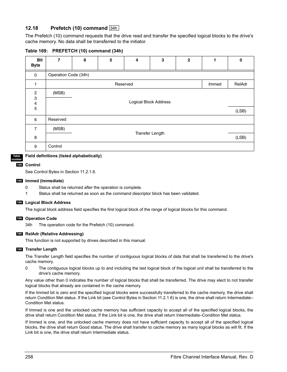 18 prefetch (10) command, Prefetch (10) command | Seagate Fibre Channel Interface User Manual | Page 272 / 432