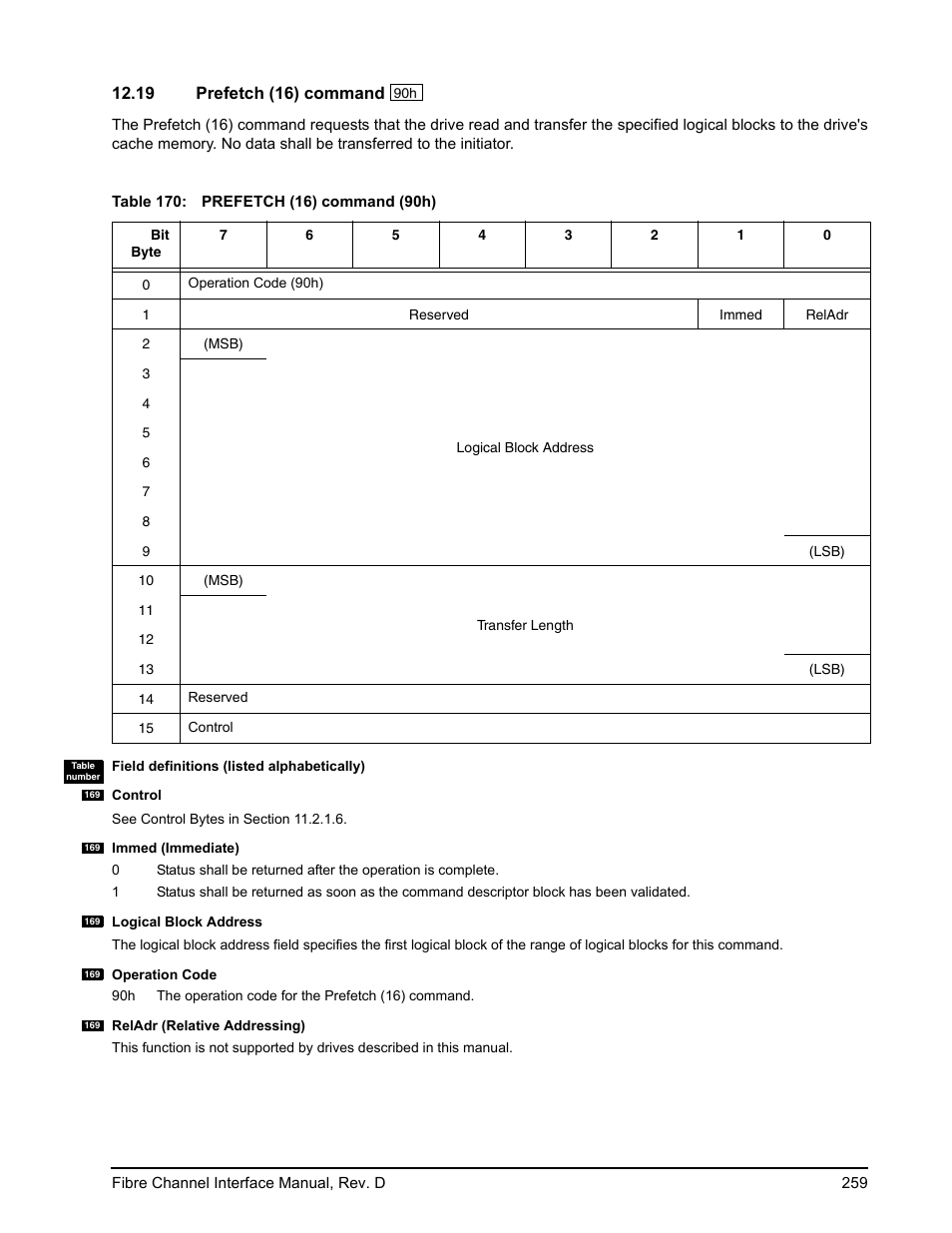 19 prefetch (16) command, Prefetch (16) command | Seagate Fibre Channel Interface User Manual | Page 273 / 432