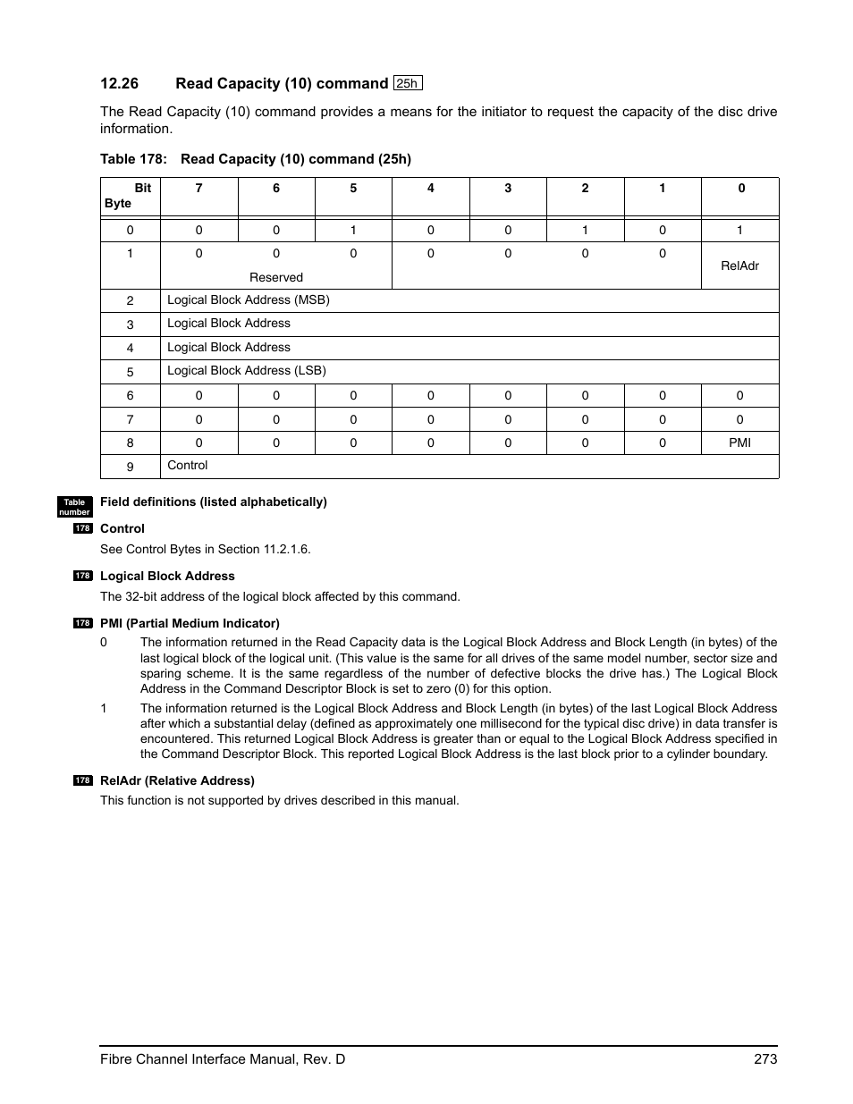 26 read capacity (10) command, Read capacity (10) command | Seagate Fibre Channel Interface User Manual | Page 287 / 432