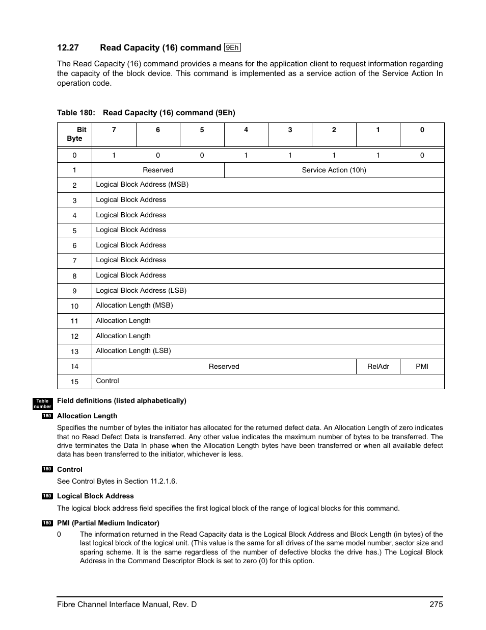 27 read capacity (16) command, Read capacity (16) command | Seagate Fibre Channel Interface User Manual | Page 289 / 432