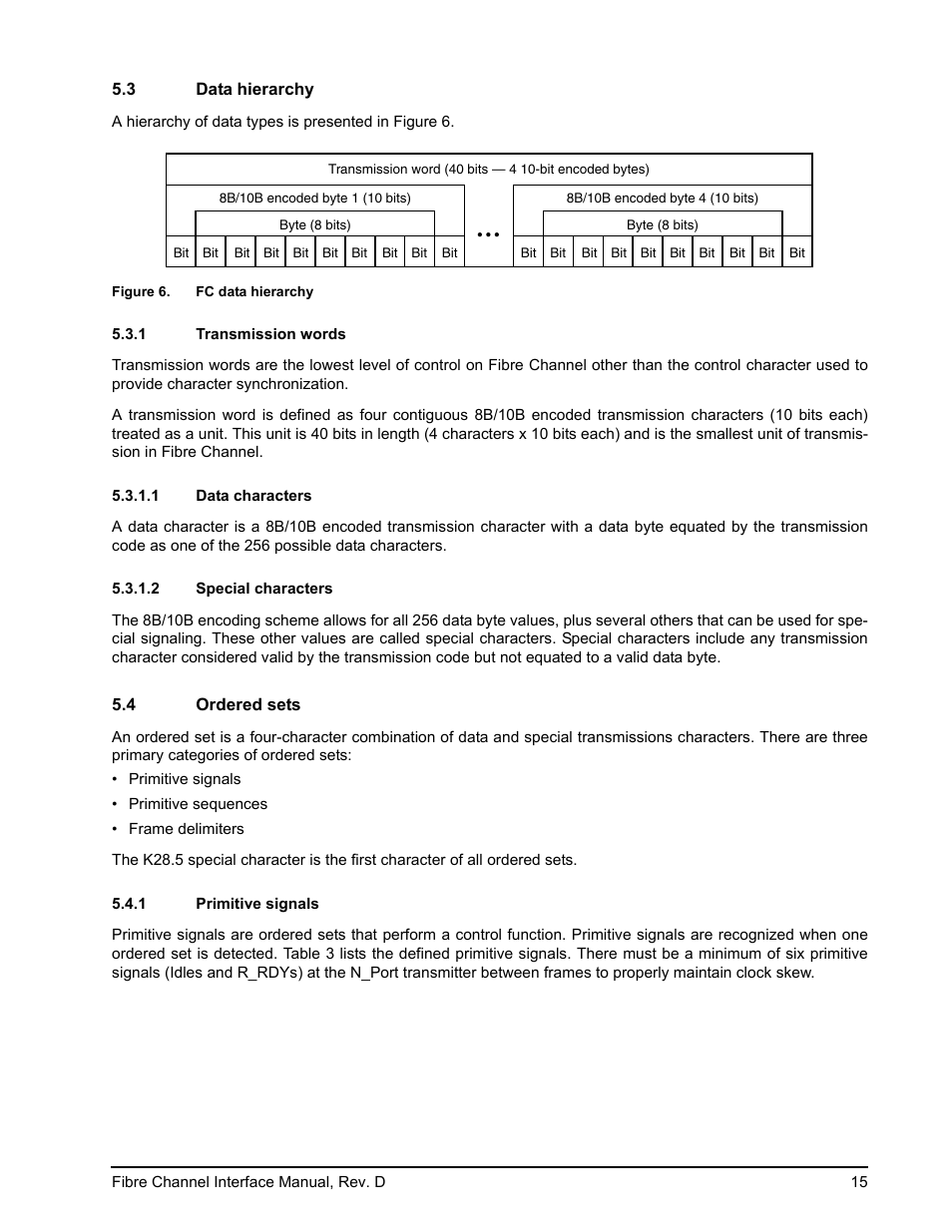 3 data hierarchy, 1 transmission words, 1 data characters | 2 special characters, 4 ordered sets, 1 primitive signals, Data hierarchy 5.3.1, Transmission words 5.3.1.1, Data characters, Special characters | Seagate Fibre Channel Interface User Manual | Page 29 / 432