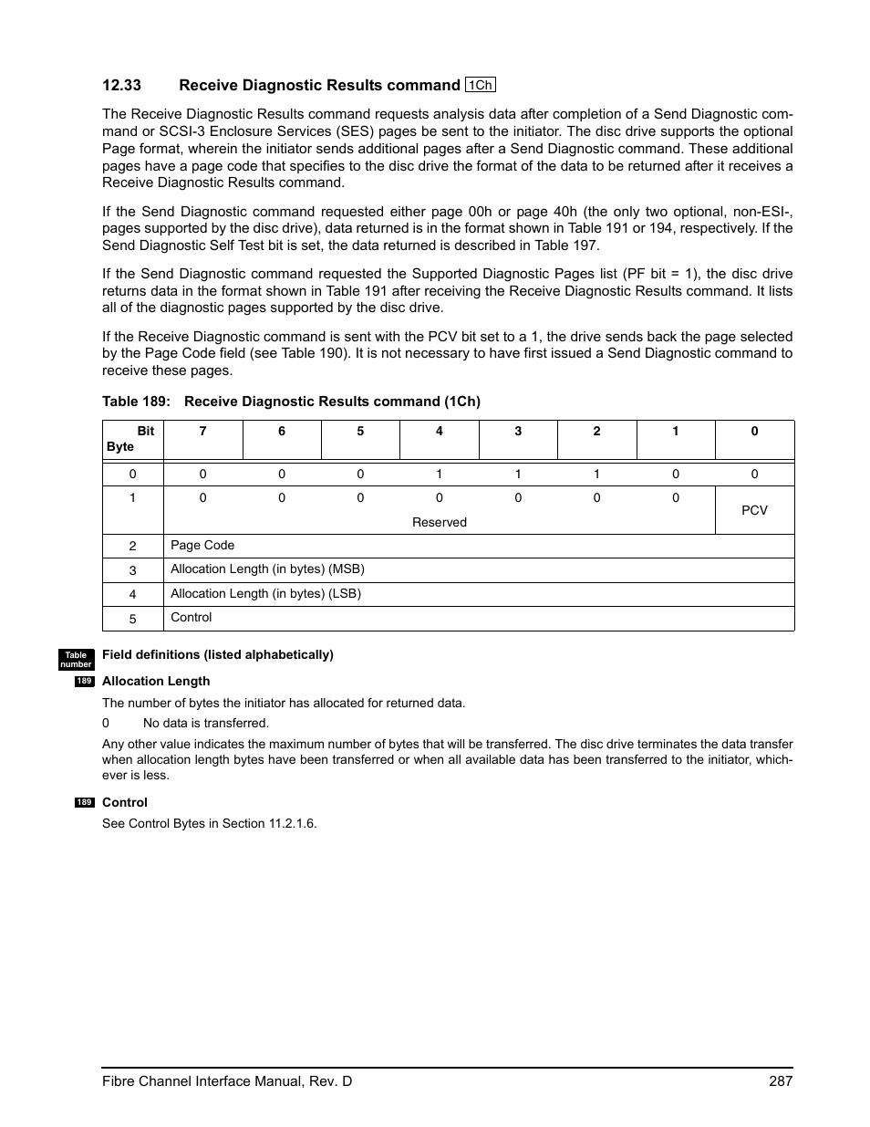 33 receive diagnostic results command, Receive diagnostic results command, Ons 12.33 and | Seagate Fibre Channel Interface User Manual | Page 301 / 432