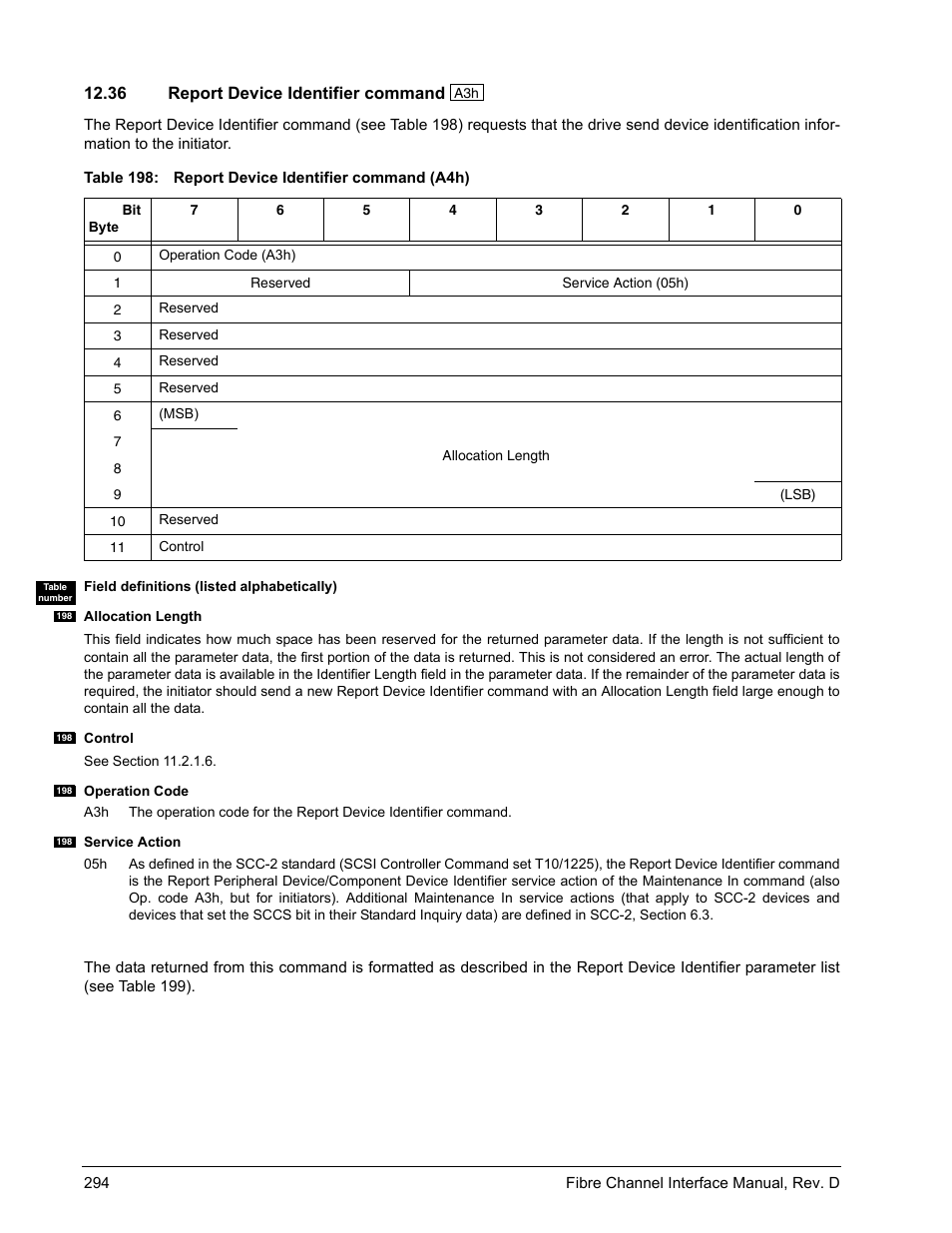 36 report device identifier command, Report device identifier command | Seagate Fibre Channel Interface User Manual | Page 308 / 432