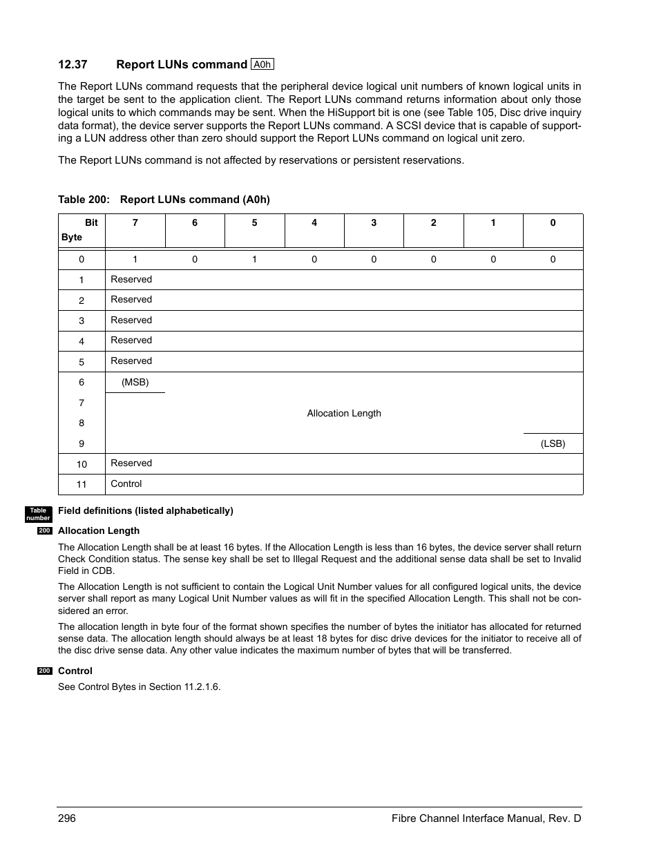 37 report luns command, Report luns command | Seagate Fibre Channel Interface User Manual | Page 310 / 432