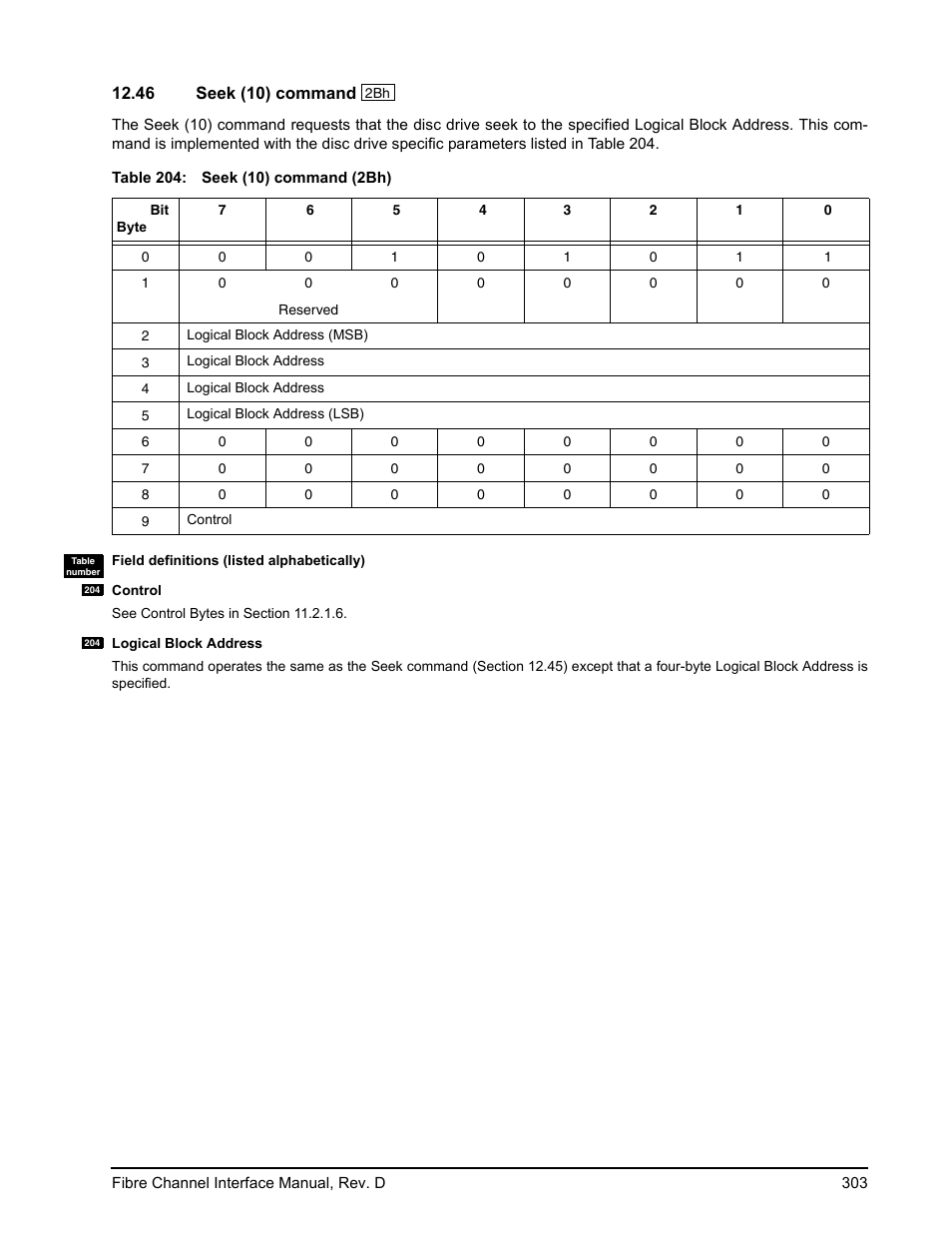 46 seek (10) command, Seek (10) command | Seagate Fibre Channel Interface User Manual | Page 317 / 432