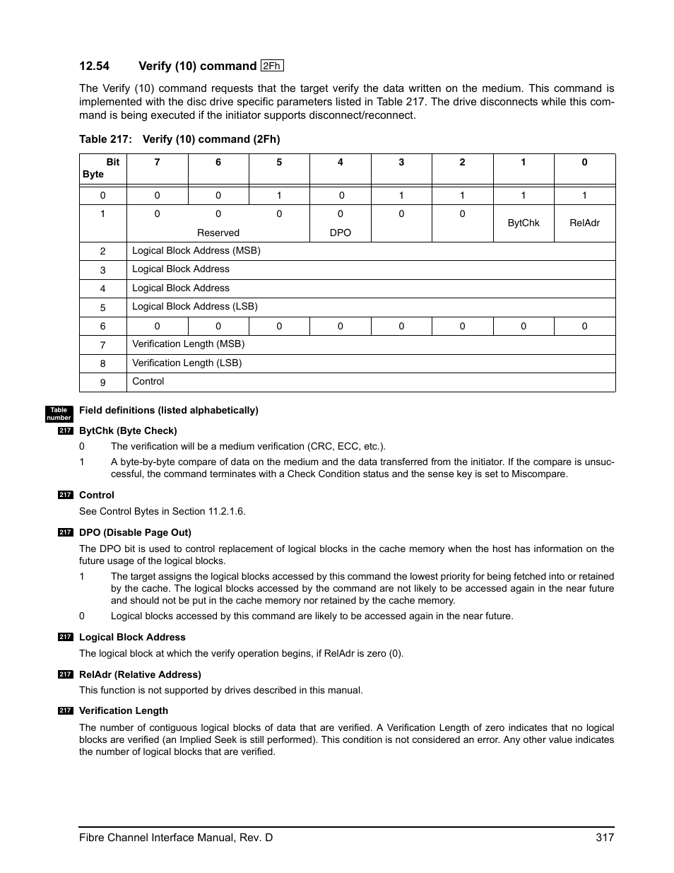 54 verify (10) command, Verify (10) command | Seagate Fibre Channel Interface User Manual | Page 331 / 432