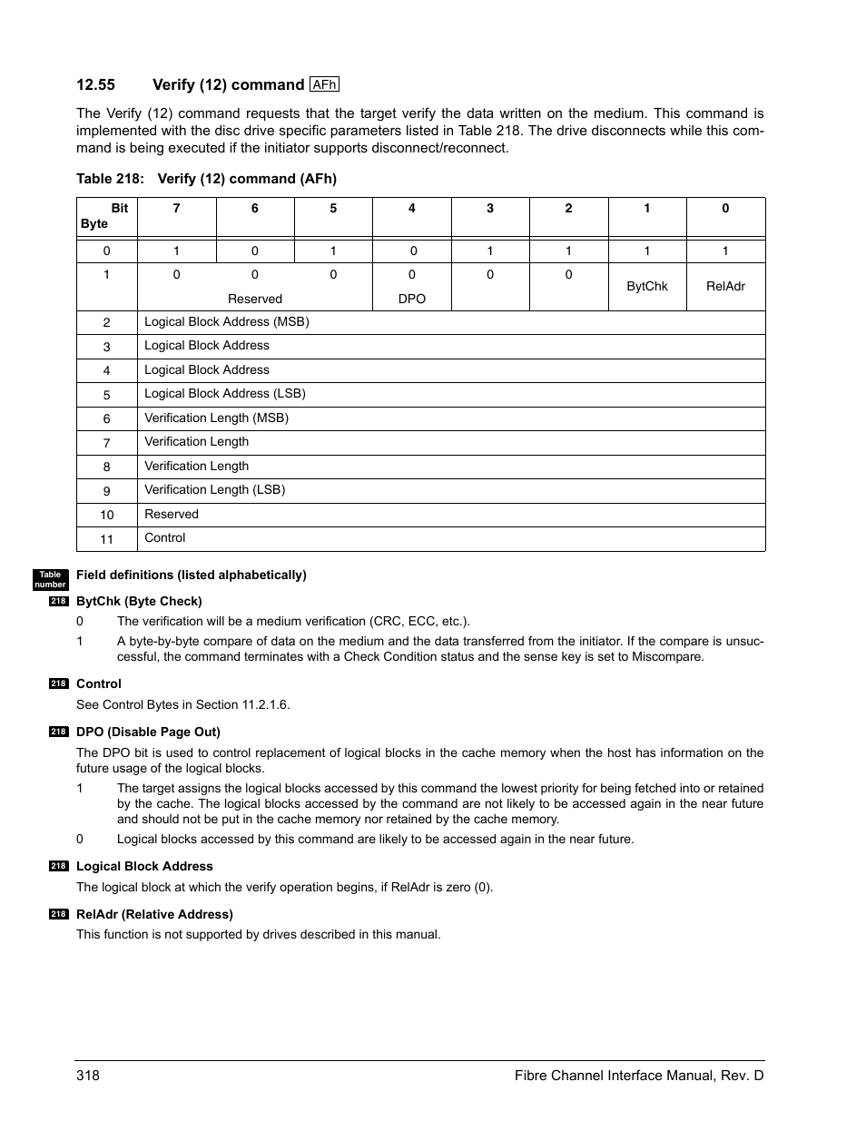 55 verify (12) command, Verify (12) command | Seagate Fibre Channel Interface User Manual | Page 332 / 432