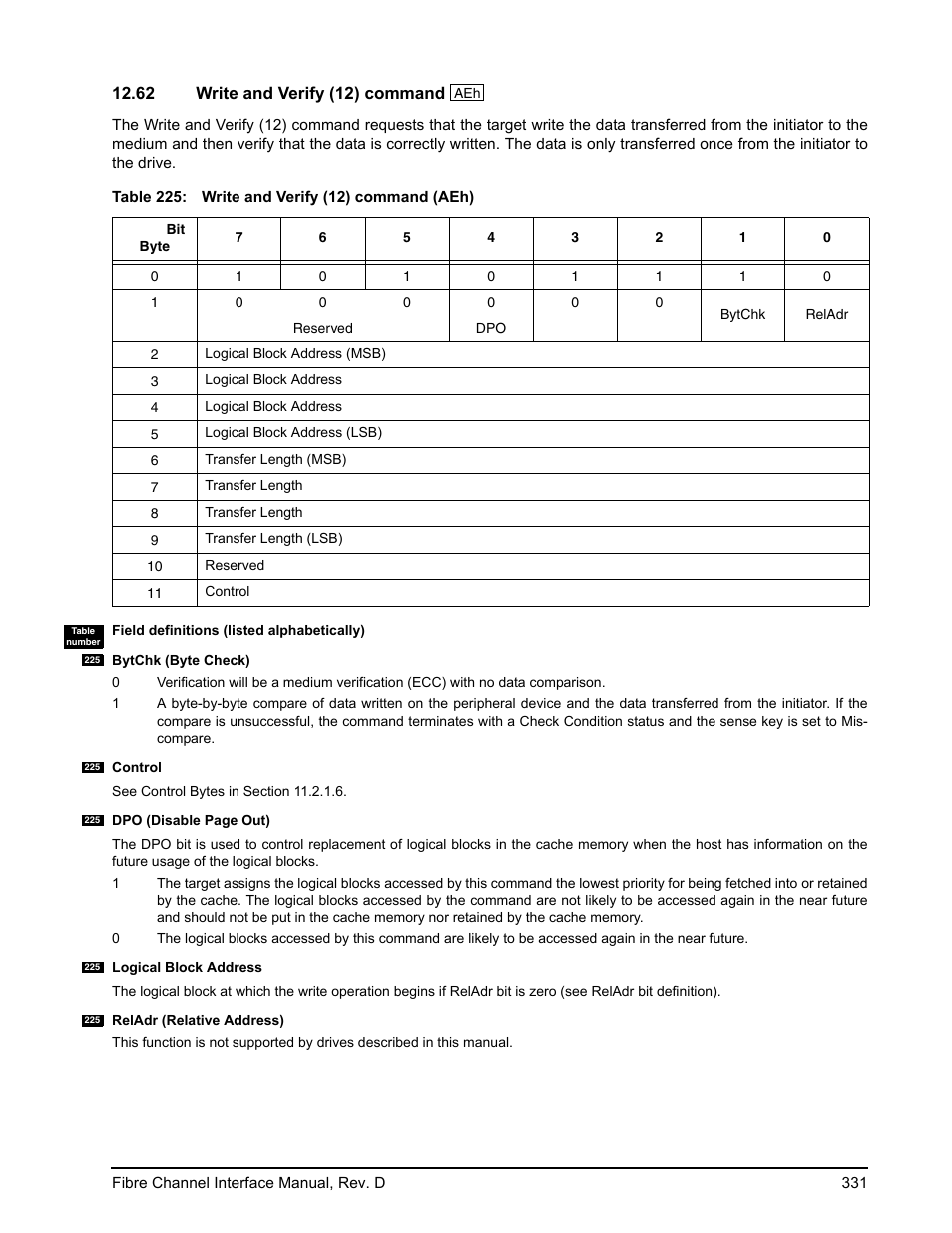 62 write and verify (12) command, Write and verify (12) command | Seagate Fibre Channel Interface User Manual | Page 345 / 432