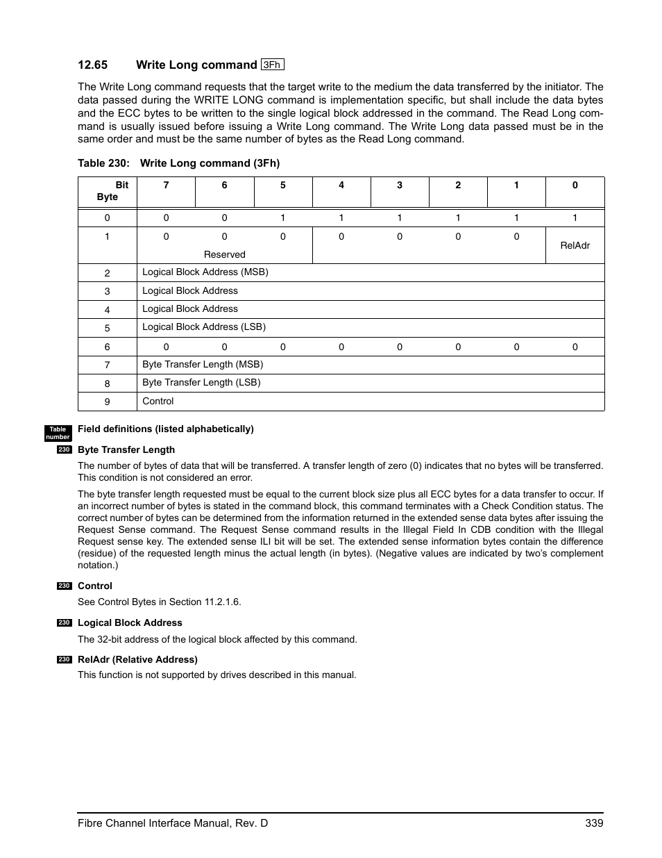 65 write long command, Write long command | Seagate Fibre Channel Interface User Manual | Page 353 / 432