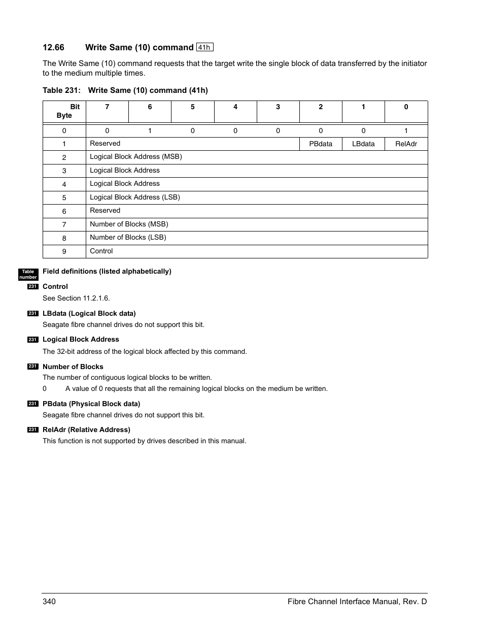 66 write same (10) command, Write same (10) command | Seagate Fibre Channel Interface User Manual | Page 354 / 432