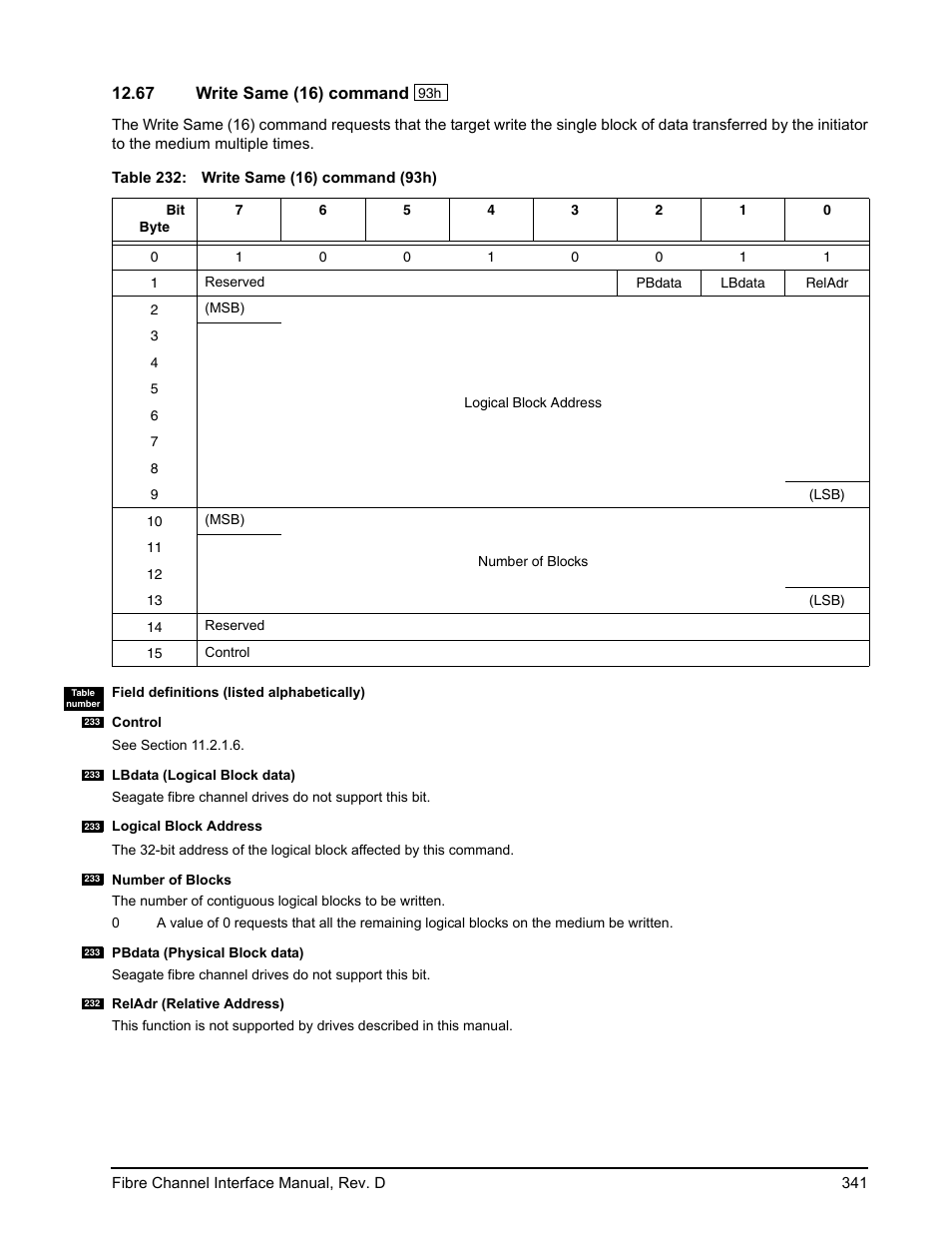 67 write same (16) command, Write same (16) command | Seagate Fibre Channel Interface User Manual | Page 355 / 432
