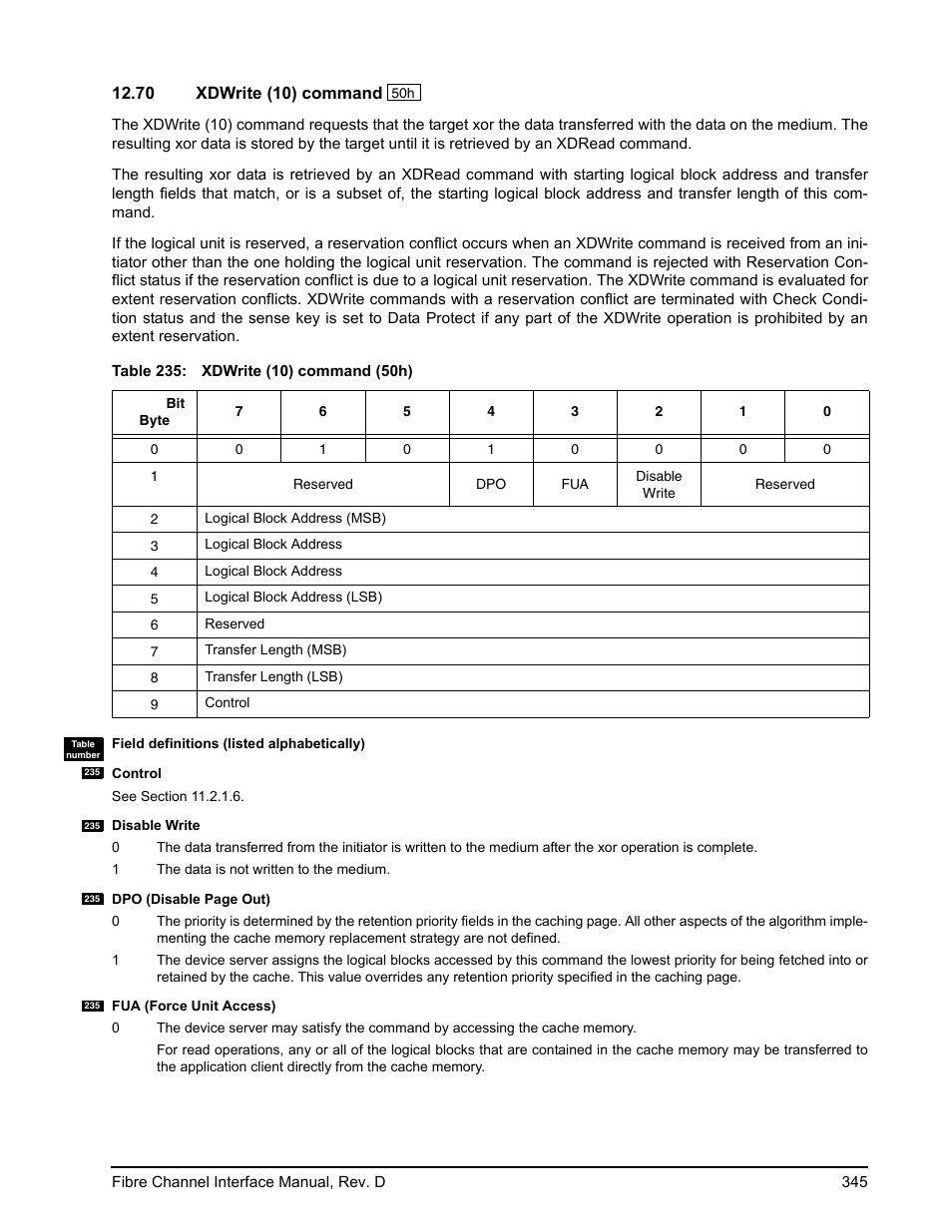 70 xdwrite (10) command, Xdwrite (10) command | Seagate Fibre Channel Interface User Manual | Page 359 / 432