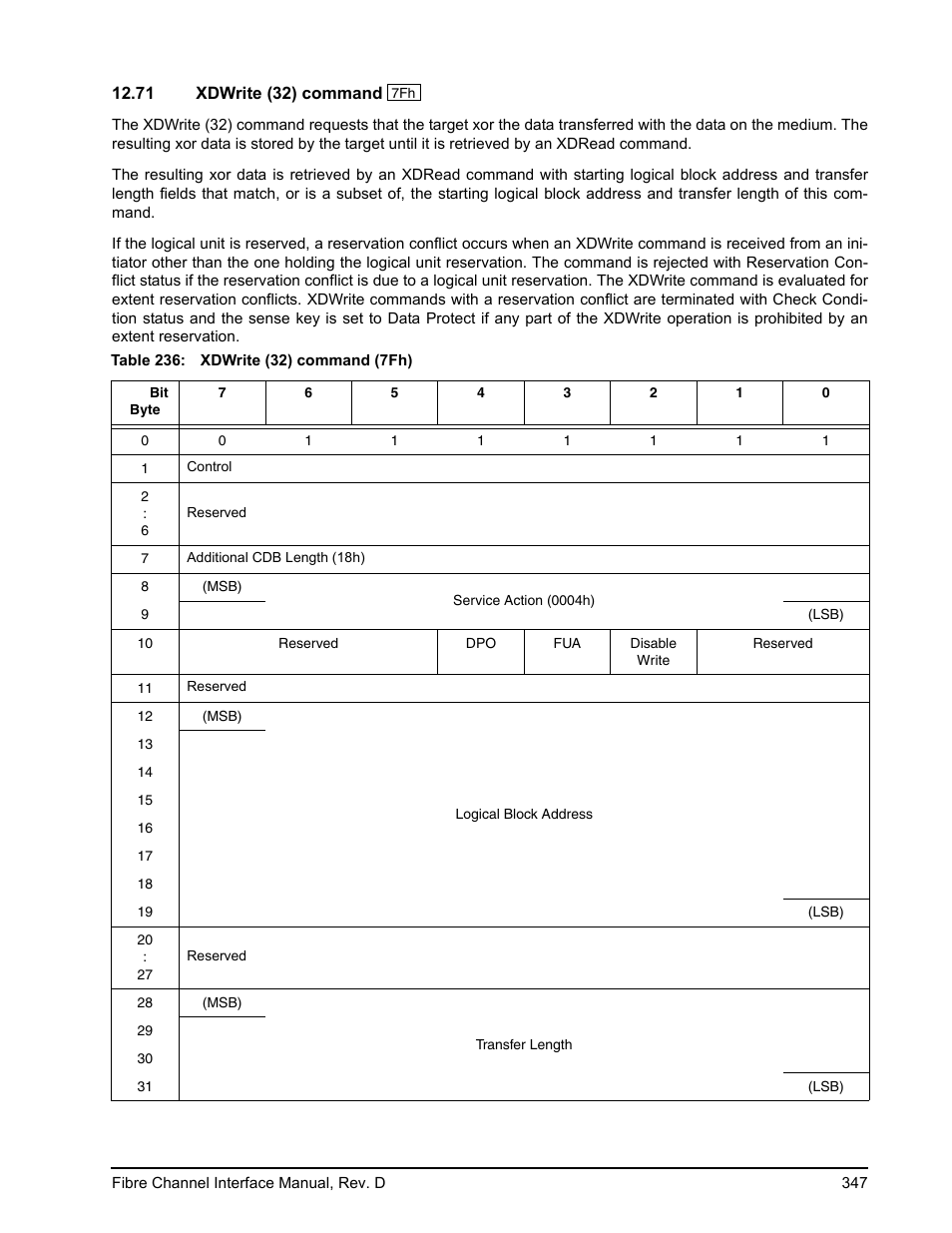 71 xdwrite (32) command, Xdwrite (32) command | Seagate Fibre Channel Interface User Manual | Page 361 / 432