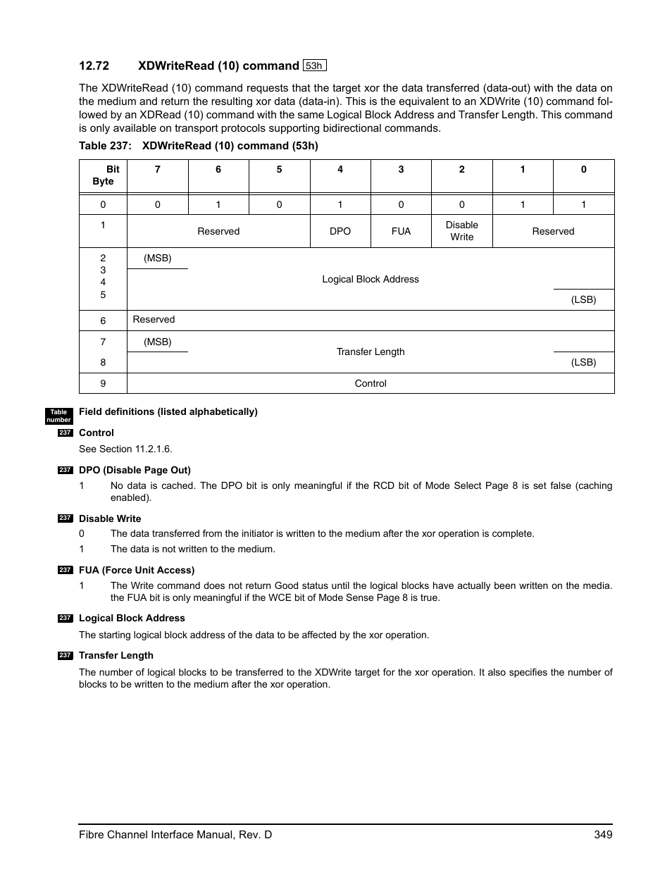 72 xdwriteread (10) command, Xdwriteread (10) command | Seagate Fibre Channel Interface User Manual | Page 363 / 432