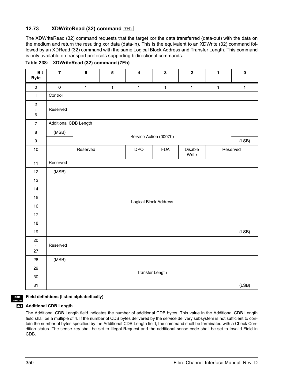 73 xdwriteread (32) command, Xdwriteread (32) command | Seagate Fibre Channel Interface User Manual | Page 364 / 432