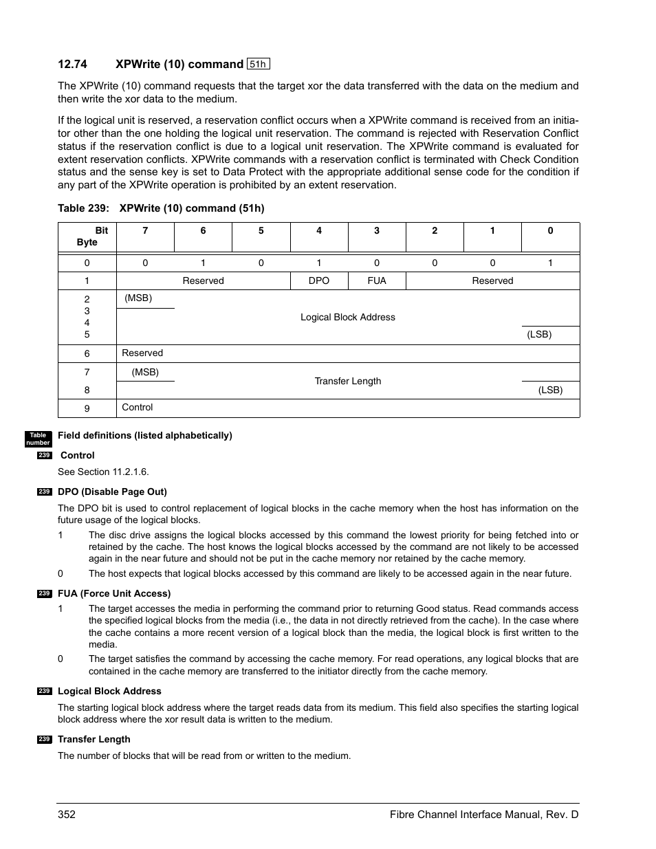 74 xpwrite (10) command, Xpwrite (10) command | Seagate Fibre Channel Interface User Manual | Page 366 / 432
