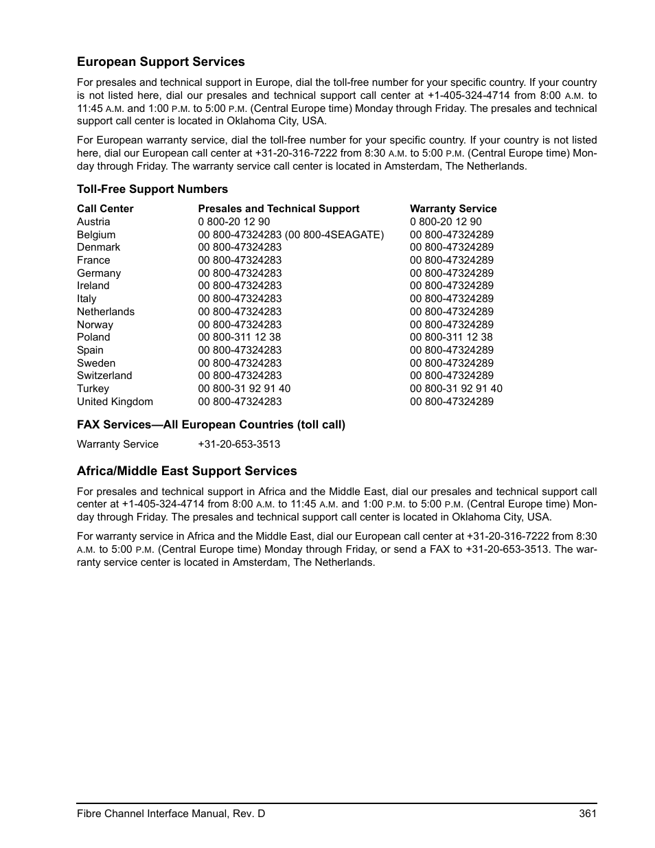 European support services, Africa/middle east support services | Seagate Fibre Channel Interface User Manual | Page 375 / 432