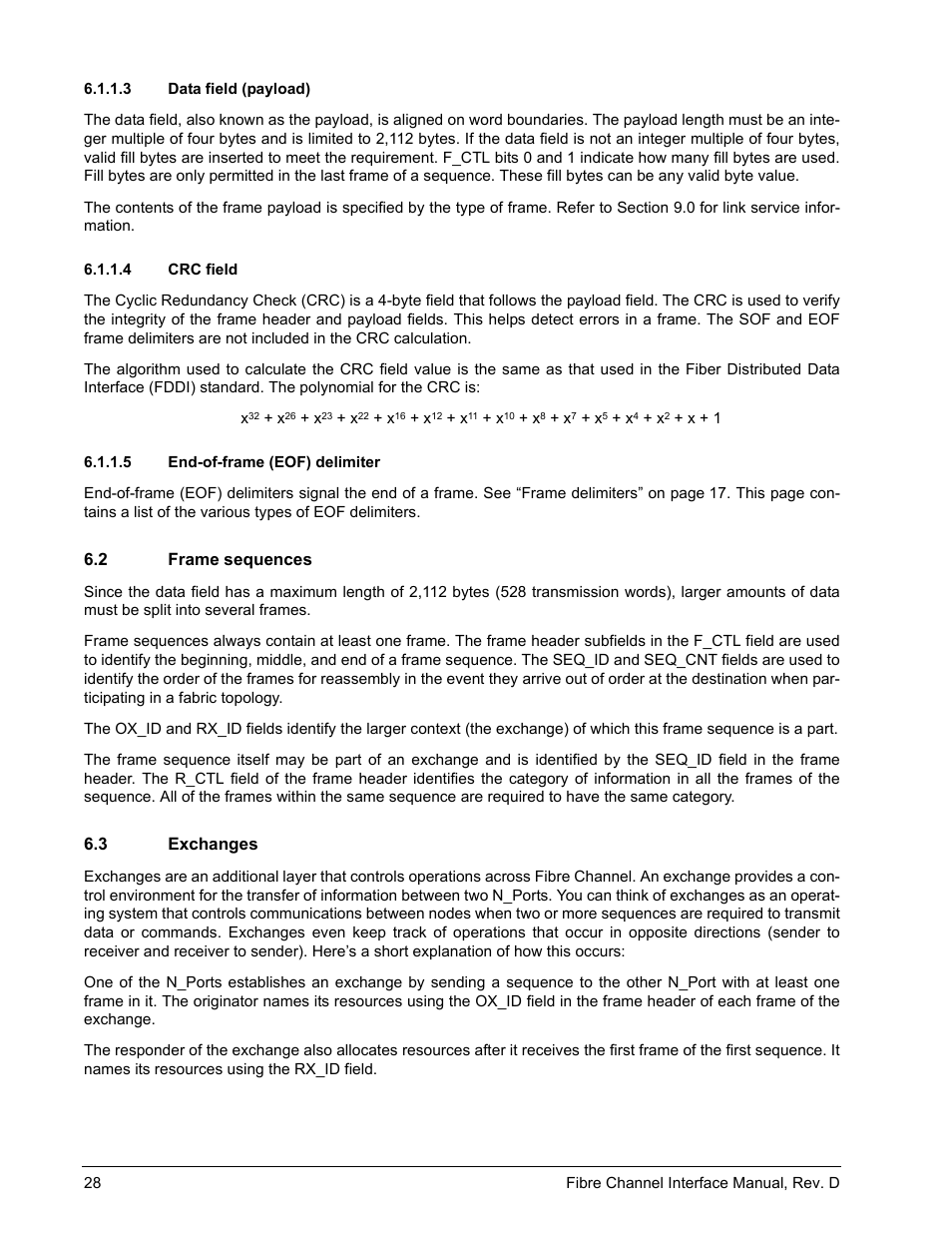3 data field (payload), 4 crc field, 5 end-of-frame (eof) delimiter | 2 frame sequences, 3 exchanges, Data field (payload), Crc field, End-of-frame (eof) delimiter, Frame sequences, Exchanges | Seagate Fibre Channel Interface User Manual | Page 42 / 432