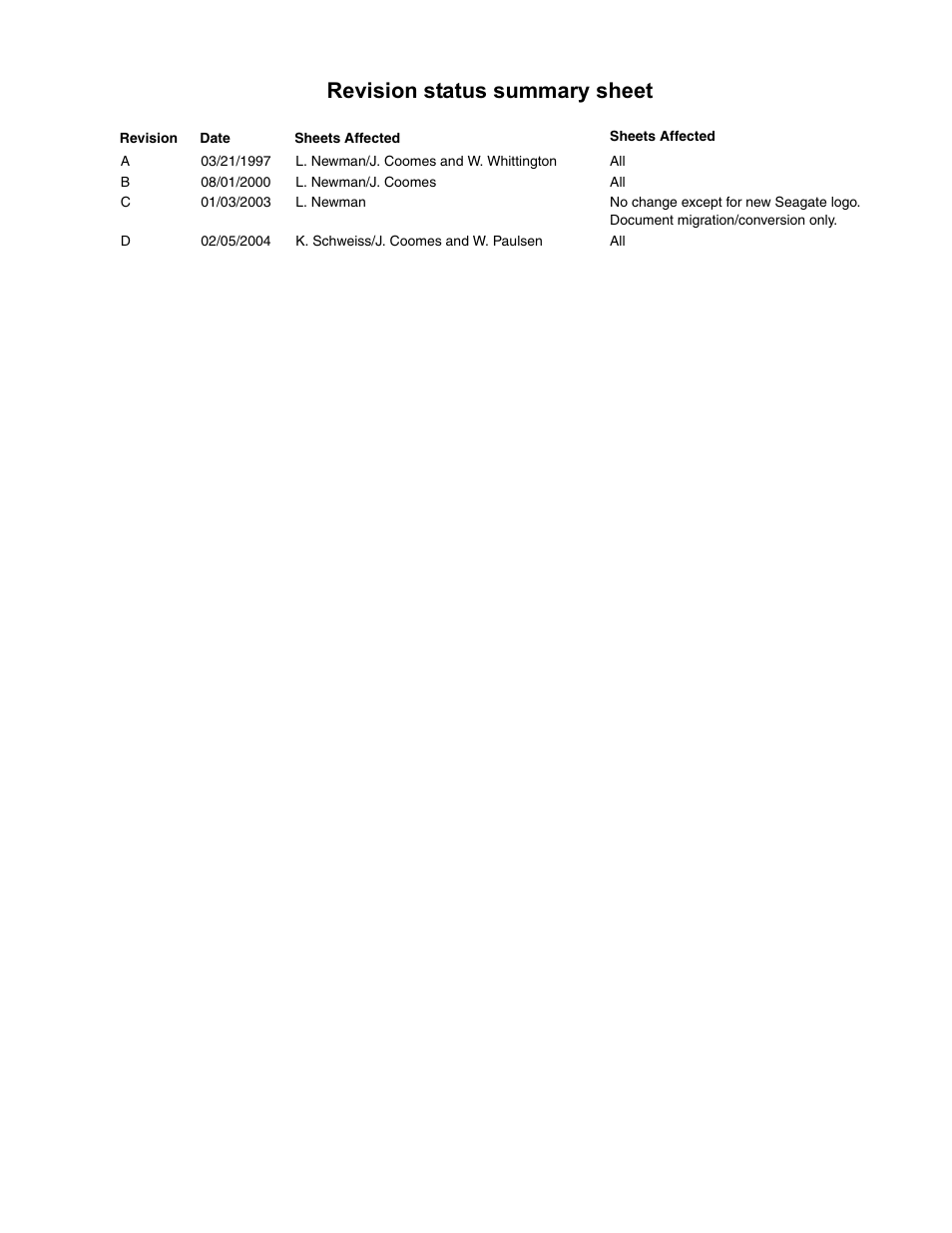 Revision status summary sheet | Seagate Fibre Channel Interface User Manual | Page 5 / 432