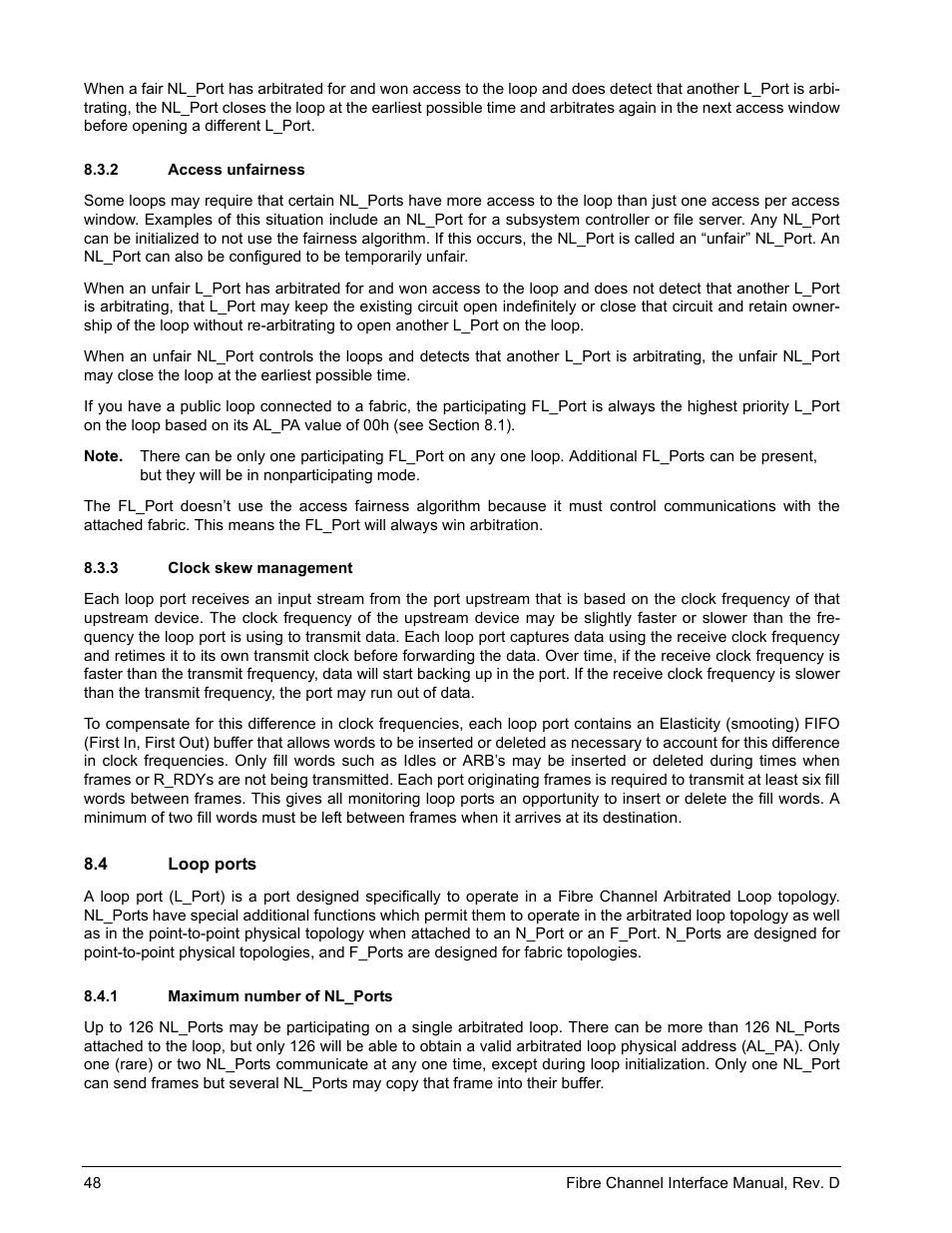 2 access unfairness, 3 clock skew management, 4 loop ports | 1 maximum number of nl_ports, Access unfairness, Clock skew management, Loop ports 8.4.1, Maximum number of nl_ports | Seagate Fibre Channel Interface User Manual | Page 62 / 432
