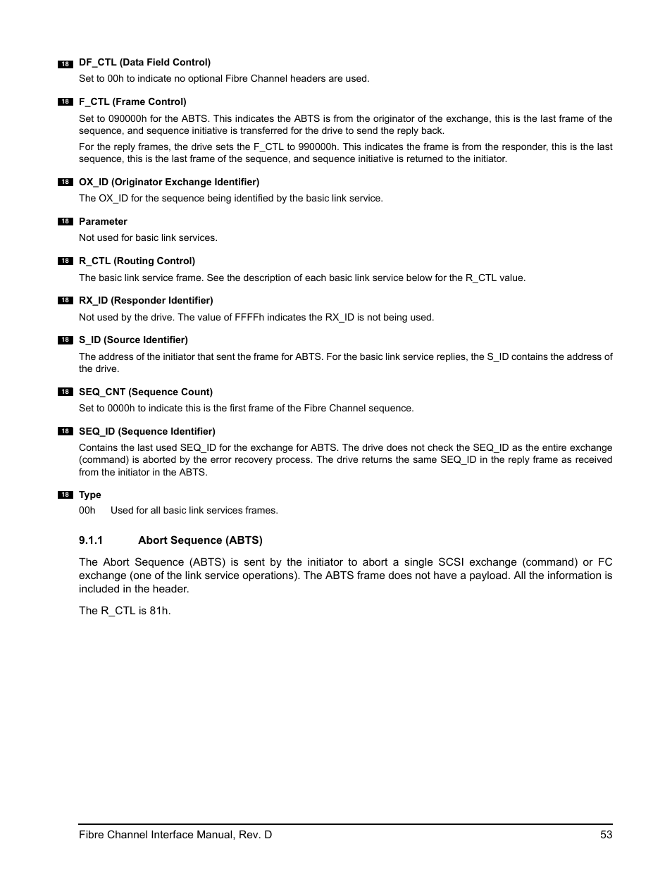 1 abort sequence (abts), Abort sequence (abts) | Seagate Fibre Channel Interface User Manual | Page 67 / 432