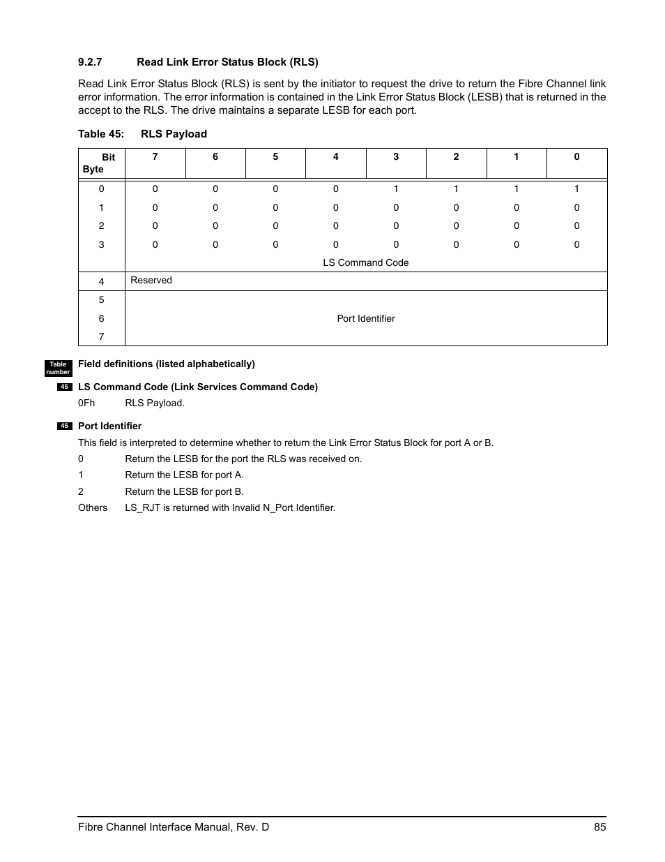 7 read link error status block (rls), Read link error status block (rls) | Seagate Fibre Channel Interface User Manual | Page 99 / 432