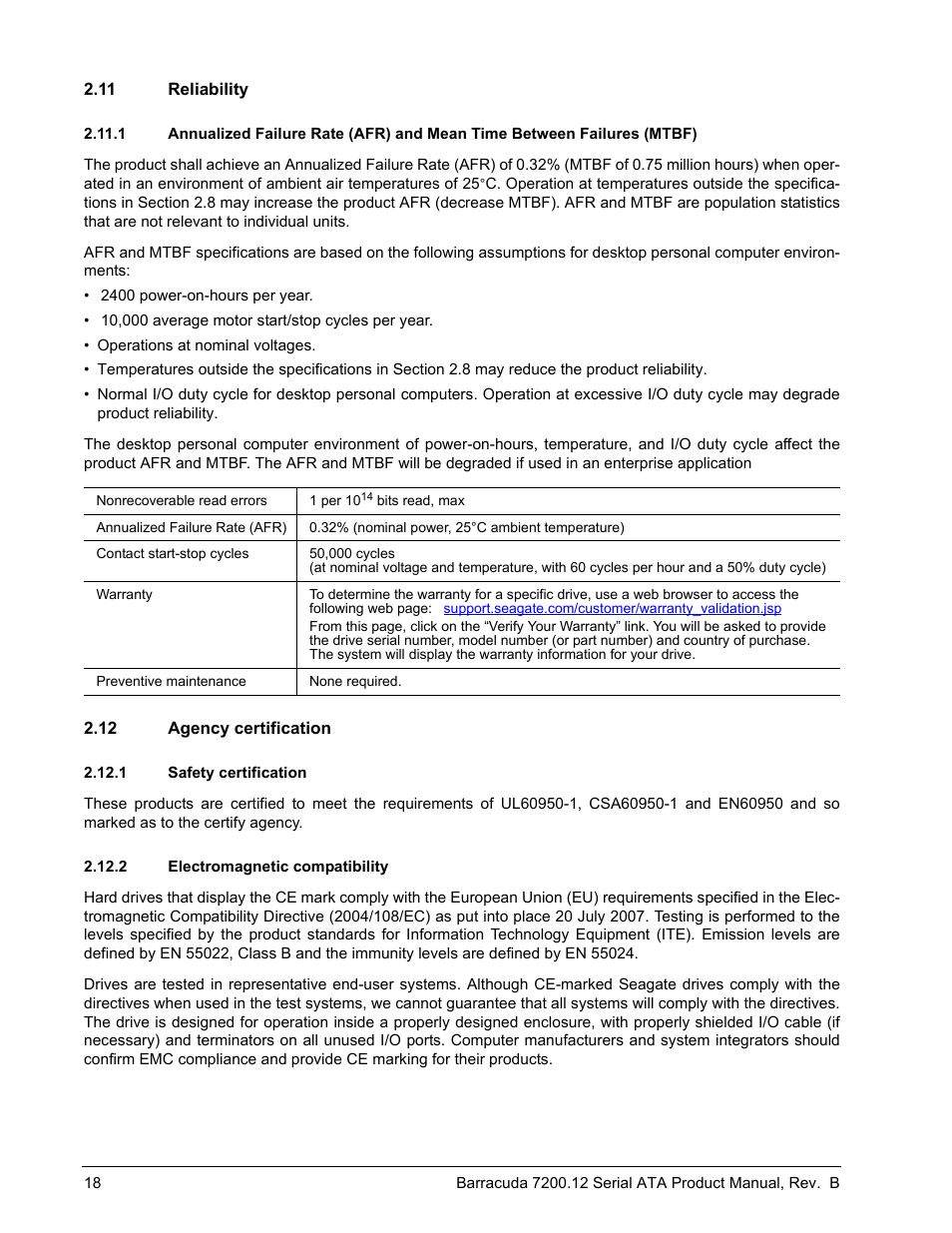 11 reliability, 12 agency certification, 1 safety certification | 2 electromagnetic compatibility | Seagate BARRACUDA ST3160318AS User Manual | Page 24 / 48
