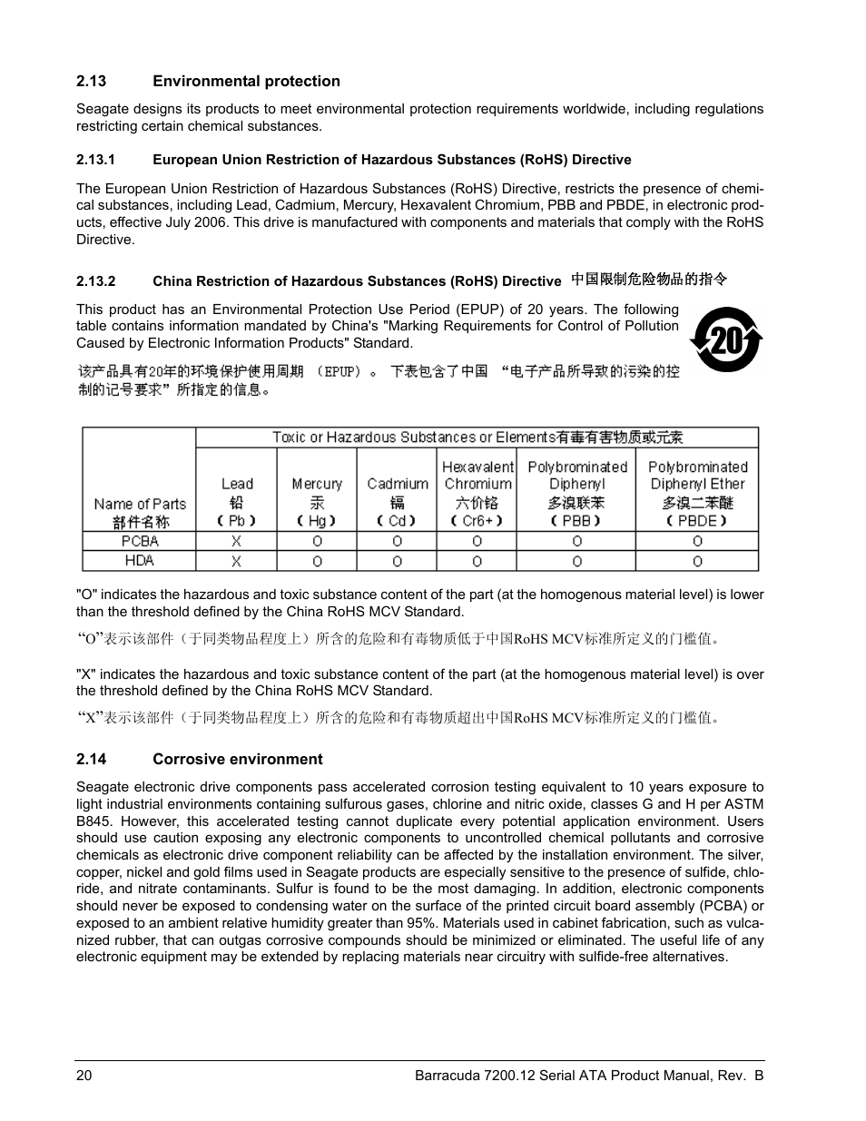 13 environmental protection, 14 corrosive environment | Seagate BARRACUDA ST3160318AS User Manual | Page 26 / 48